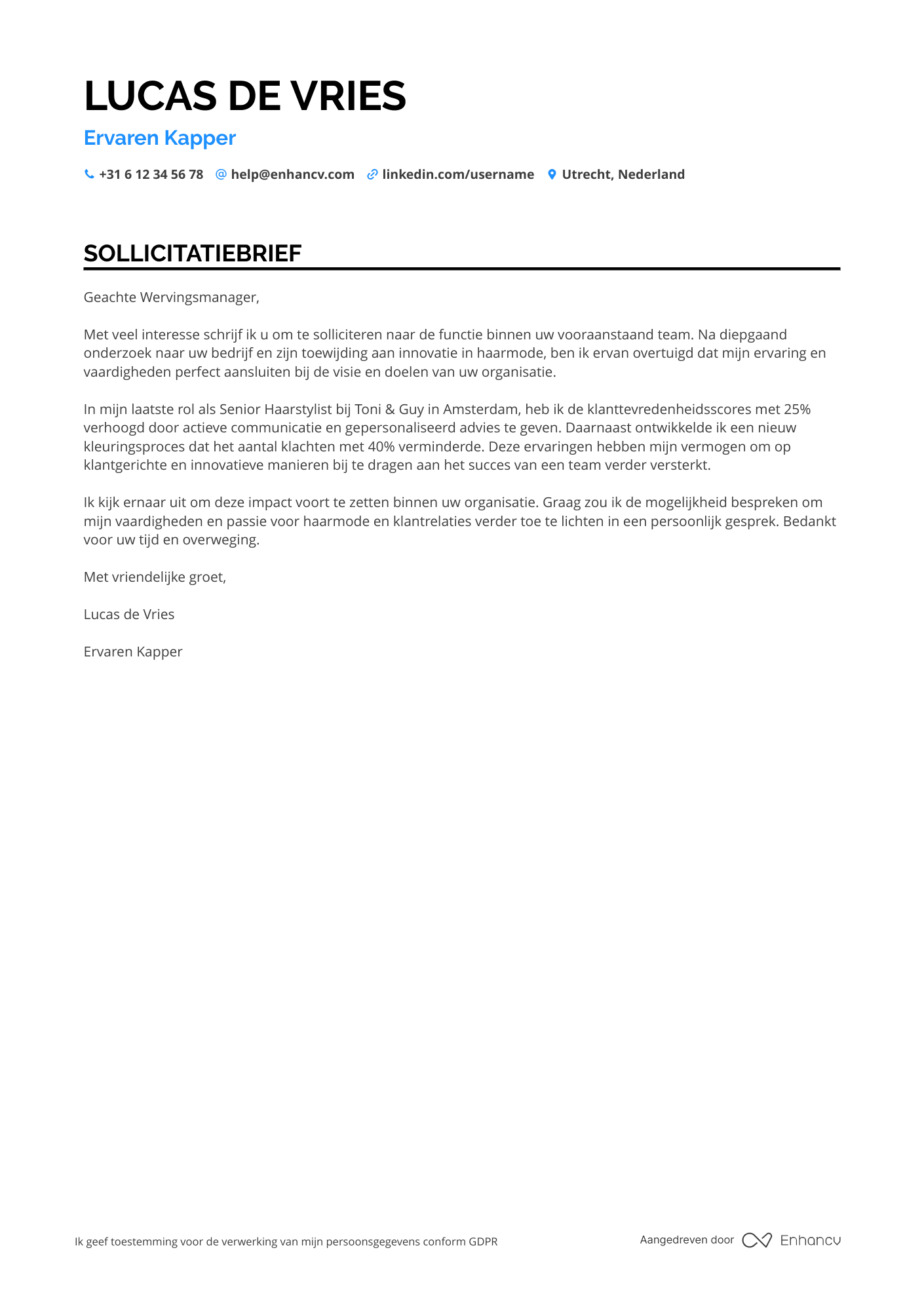 Sollicitatiebrief voor Ervaren Kapper Resume Example