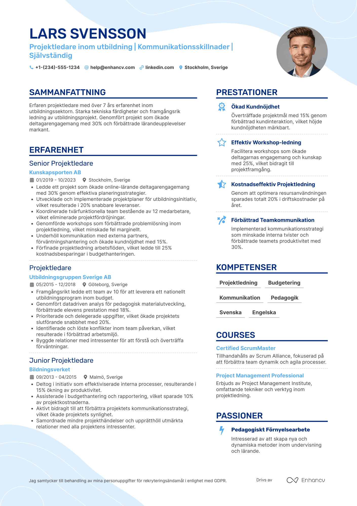 CV för Projektledare inom utbildning Resume Example