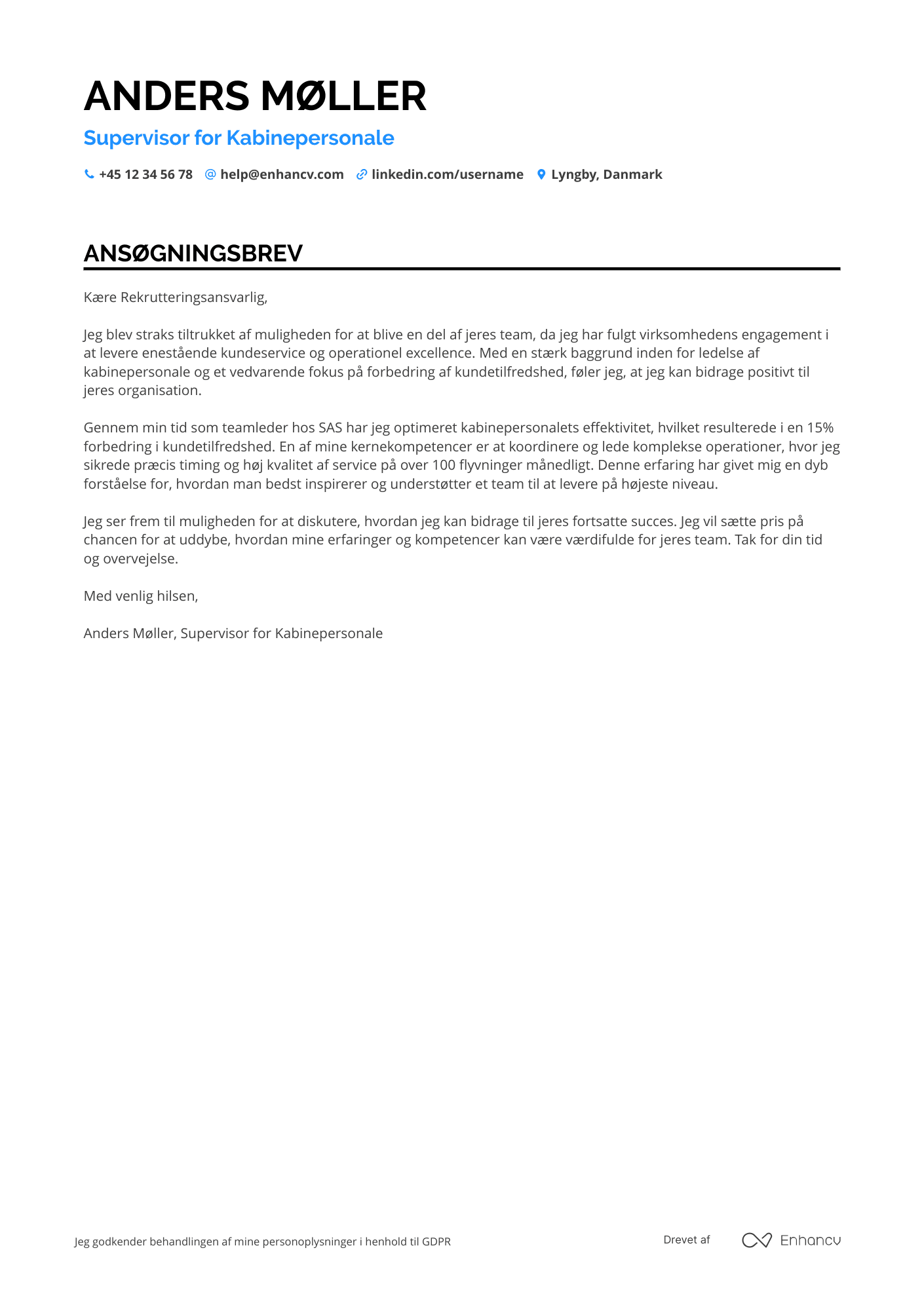 Ansøgningsbrev til Supervisor for kabinepersonale Resume Example