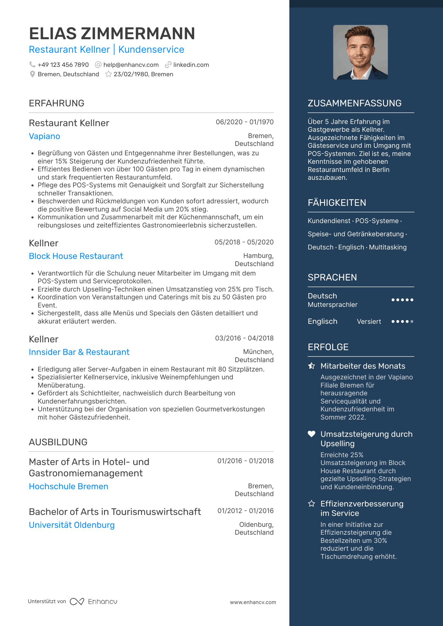 Lebenslauf als Restaurant Kellner Resume Example
