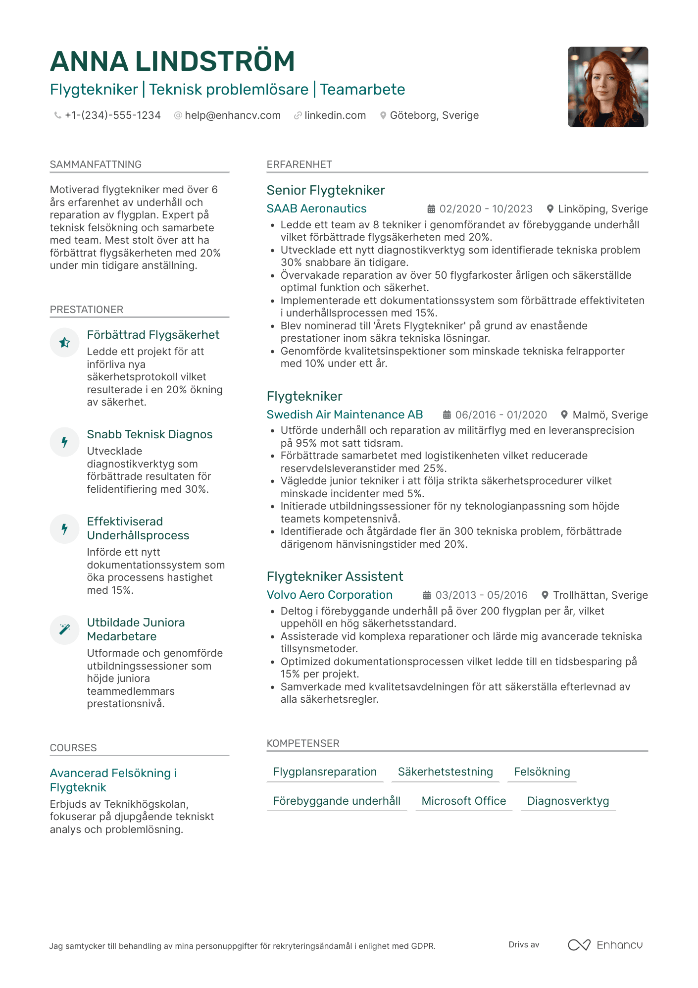 CV för Försvaret Flygtekniker Resume Example