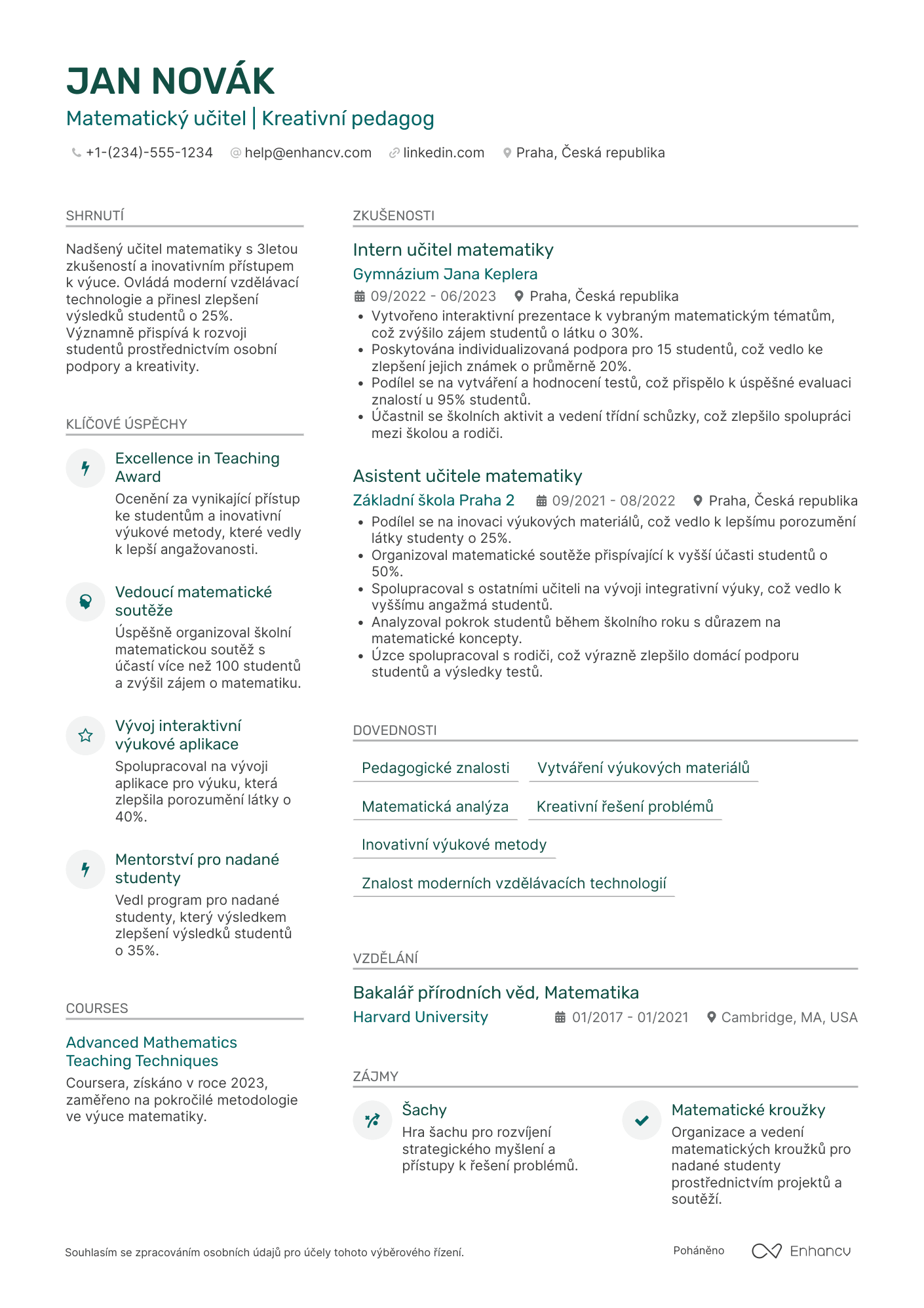 Životopis pro Junior učitel matematiky Resume Example