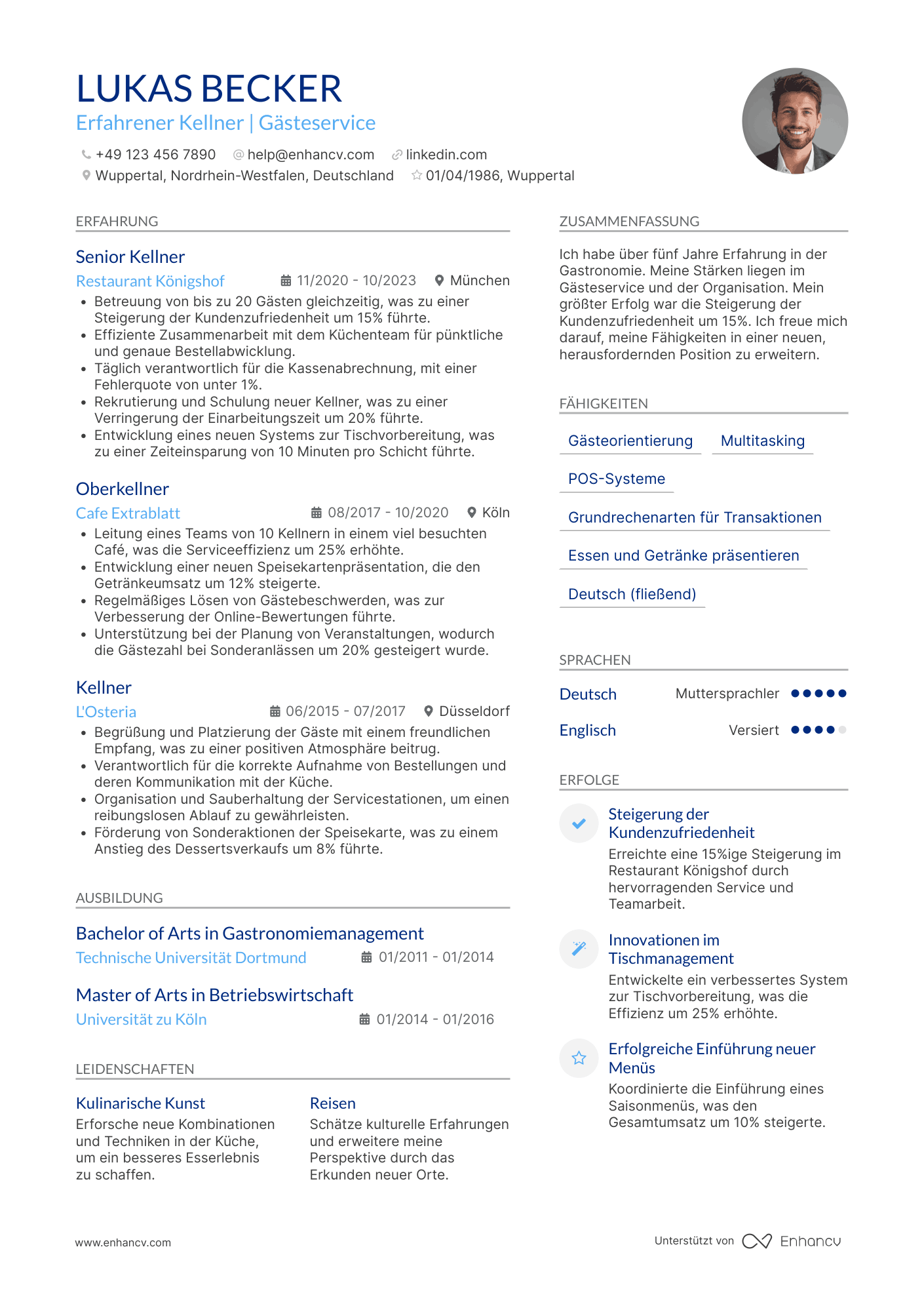 Lebenslauf als Vollzeit Kellner Resume Example