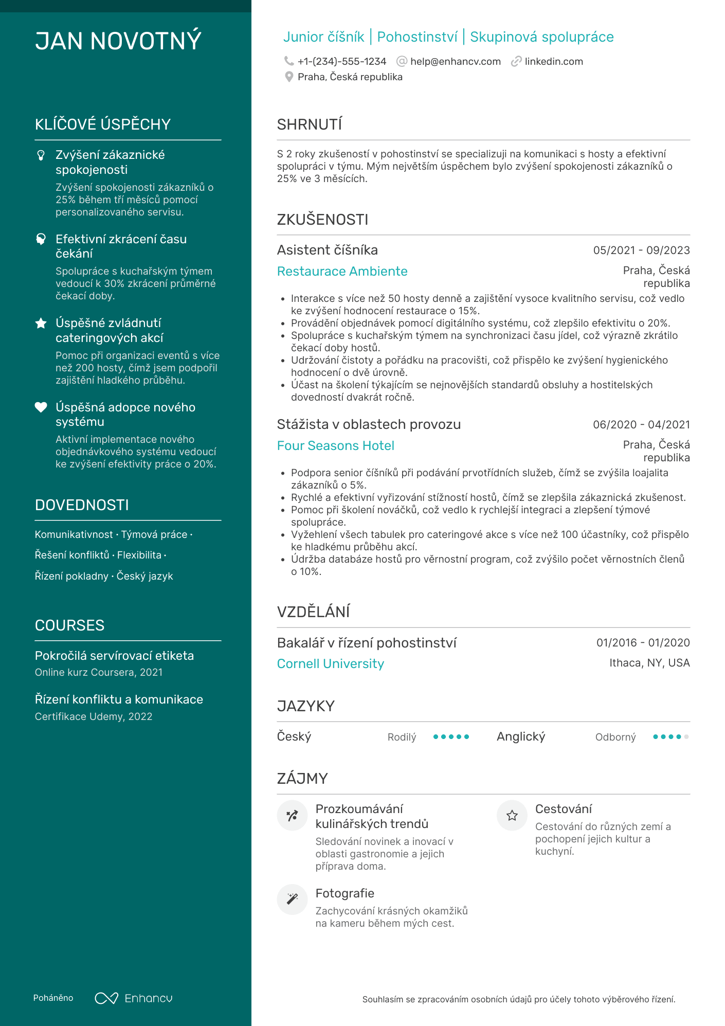 Životopis pro Junior číšník Resume Example