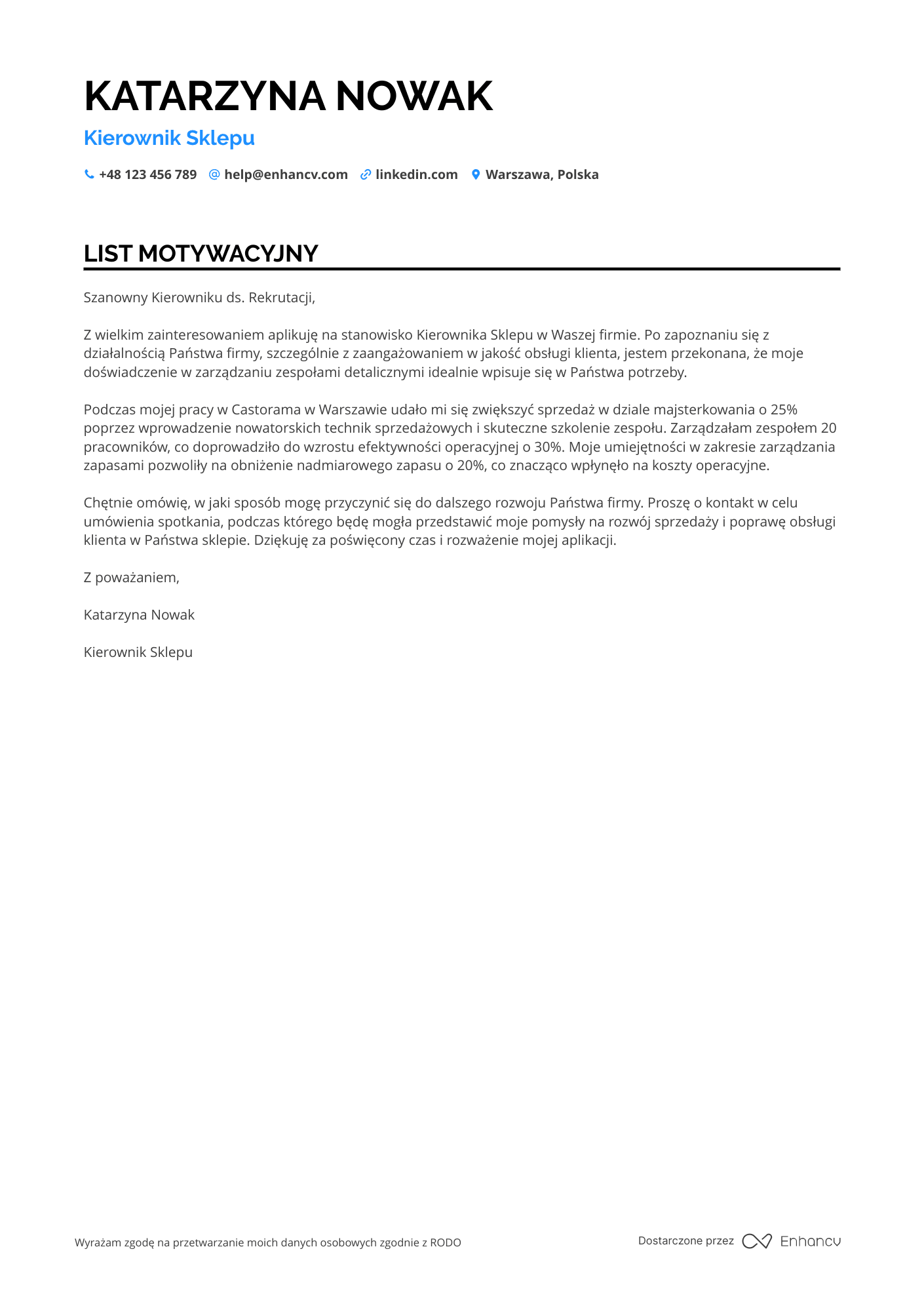 List motywacyjny dla Kierownik Sklepu Dział Majsterkowania Resume Example