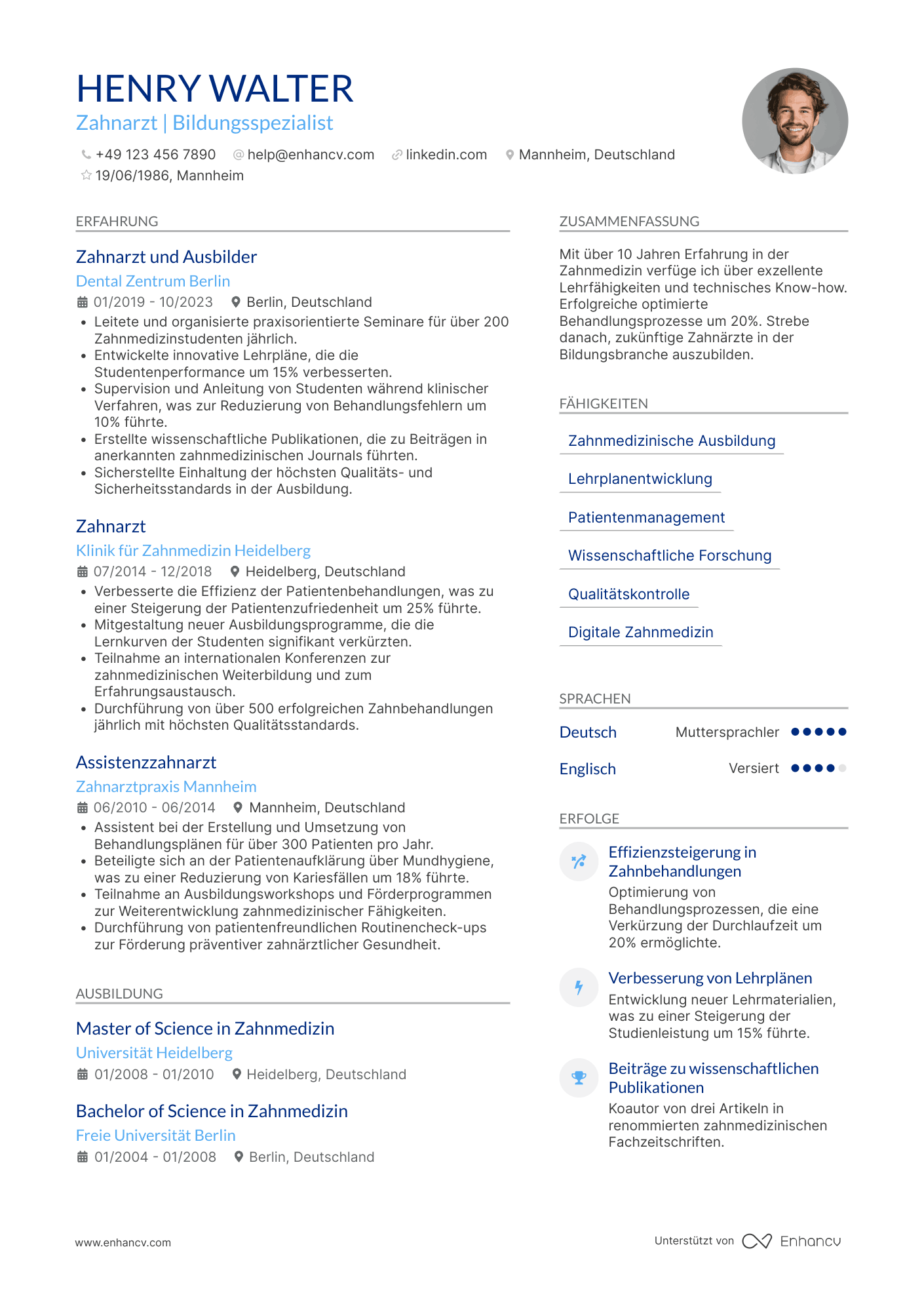 Lebenslauf in Zahnarzt für Zahnmedizin in der Bildungsbranche Resume Example