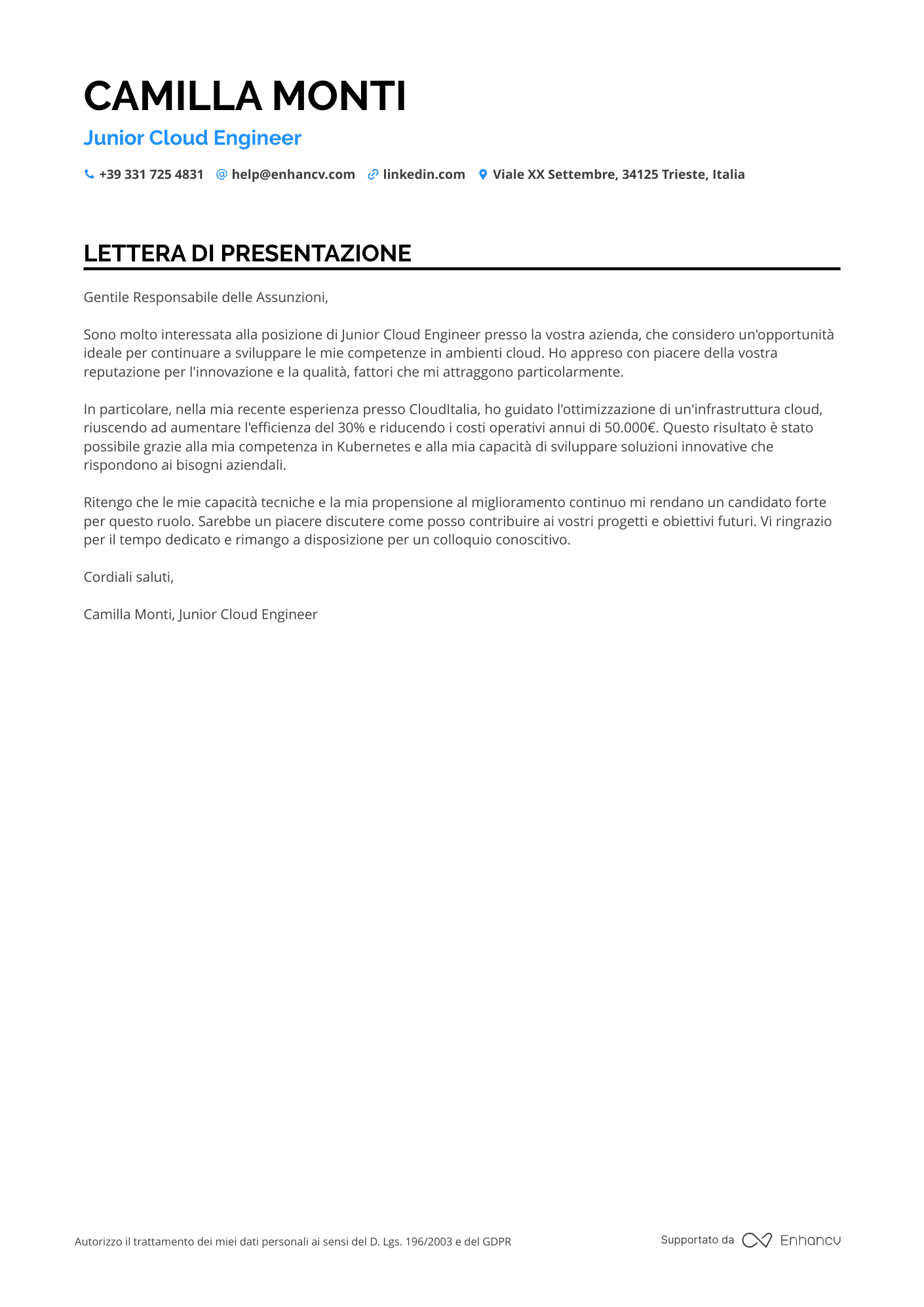 Ingegnere Junior Resume Example
