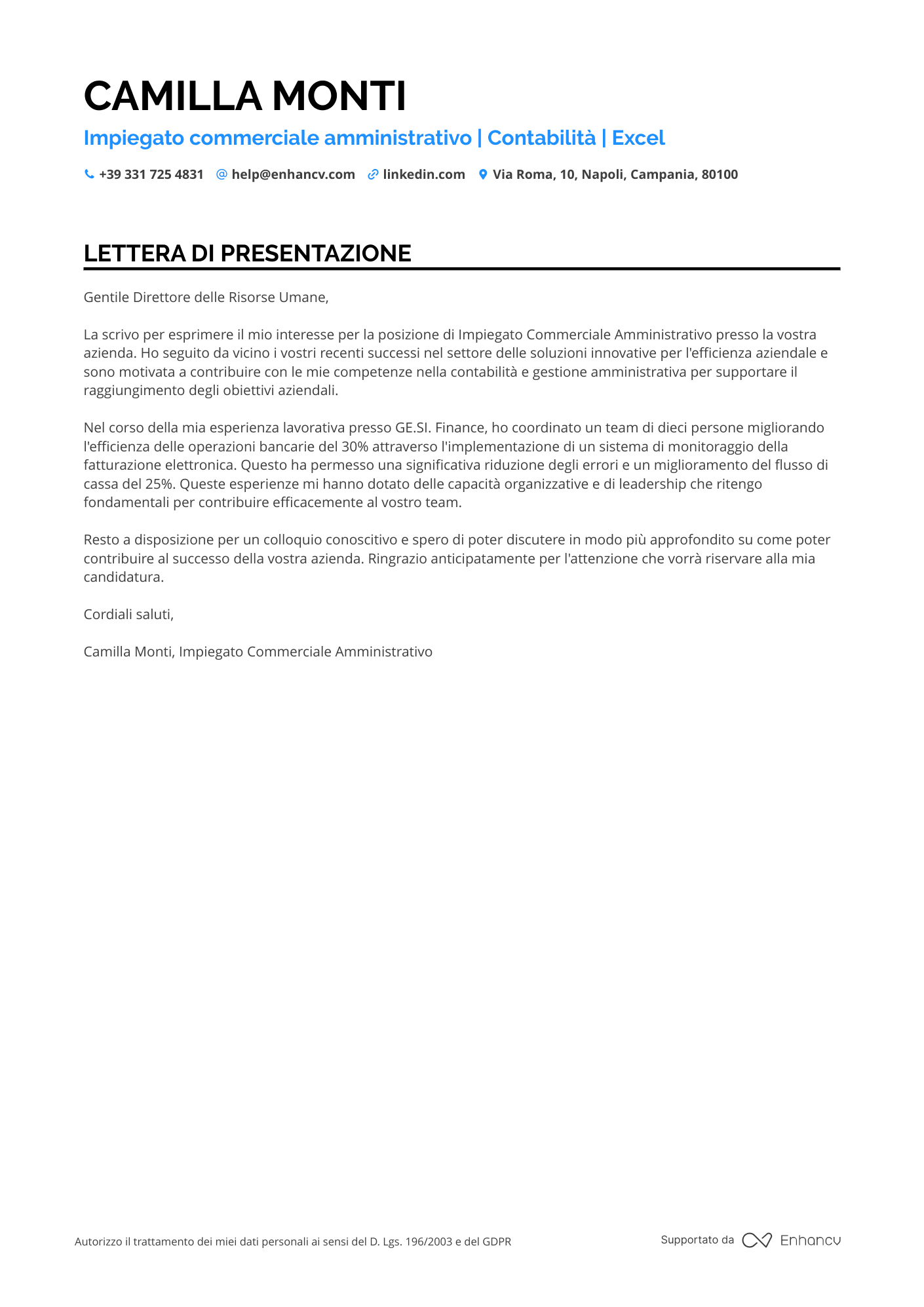 Impiegato Amministrativo nel Settore delle Telecomunicazioni Resume Example