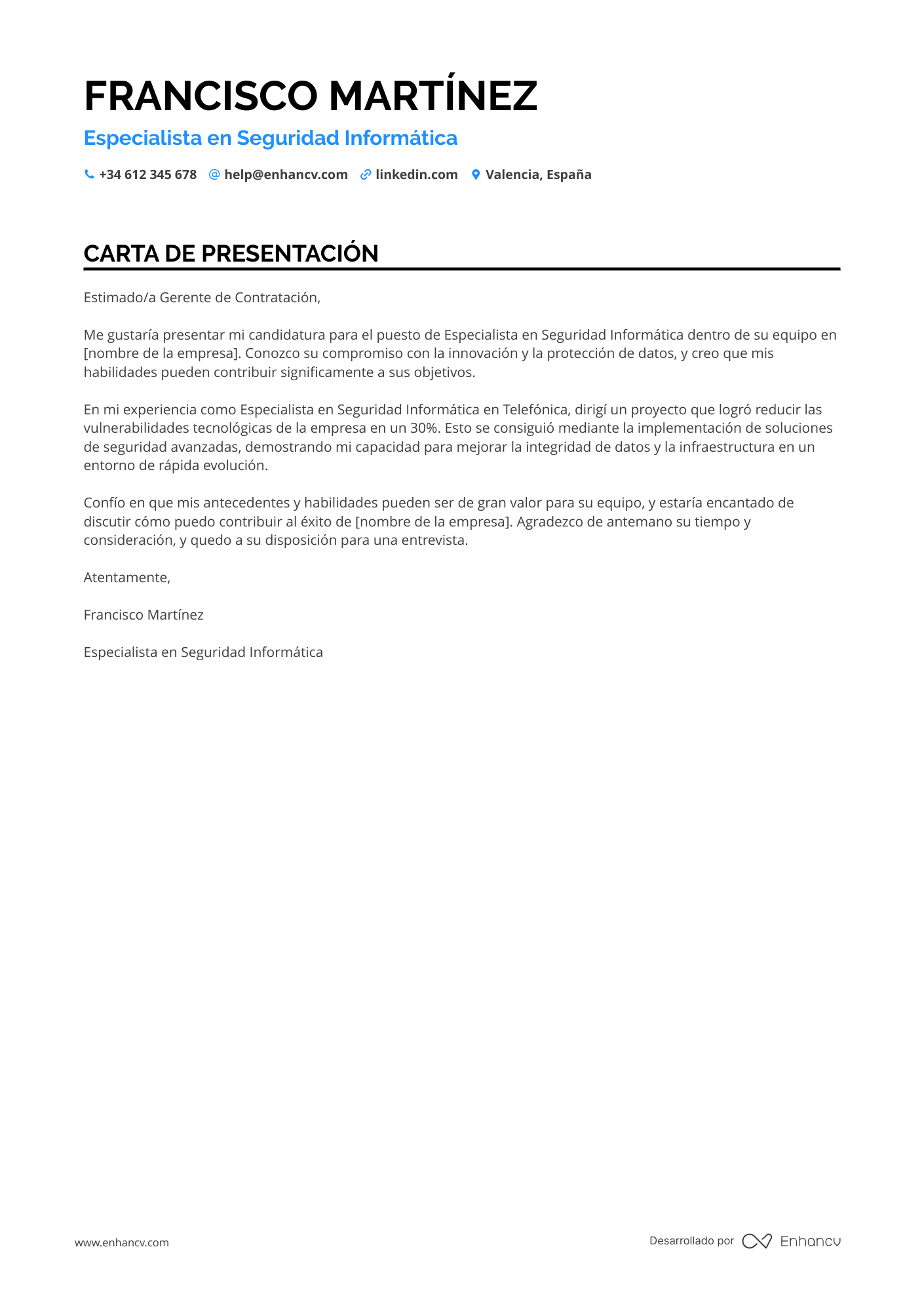 Especialista en Informática Resume Example