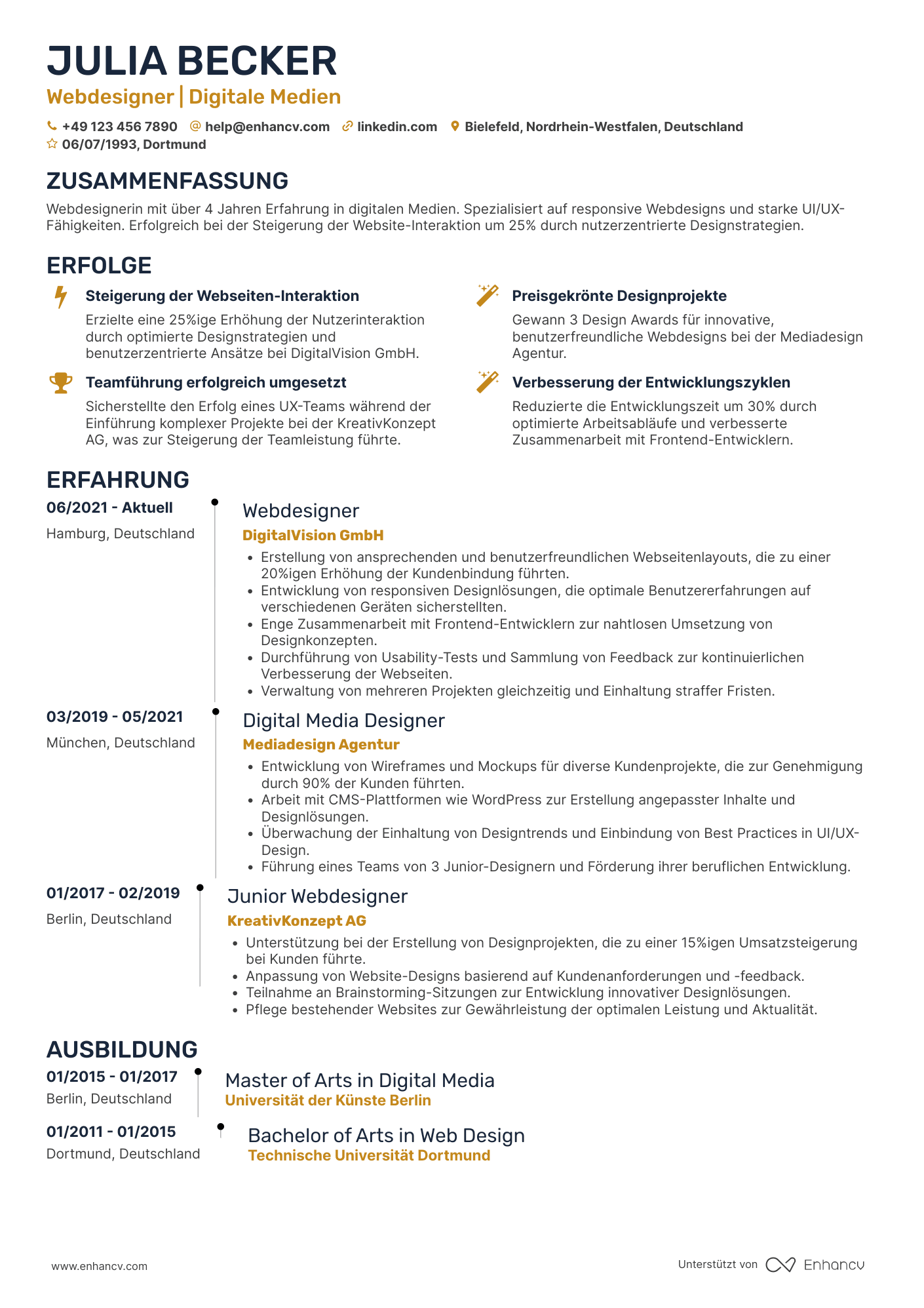 Lebenslauf als Webdesigner für digitale Medien Resume Example