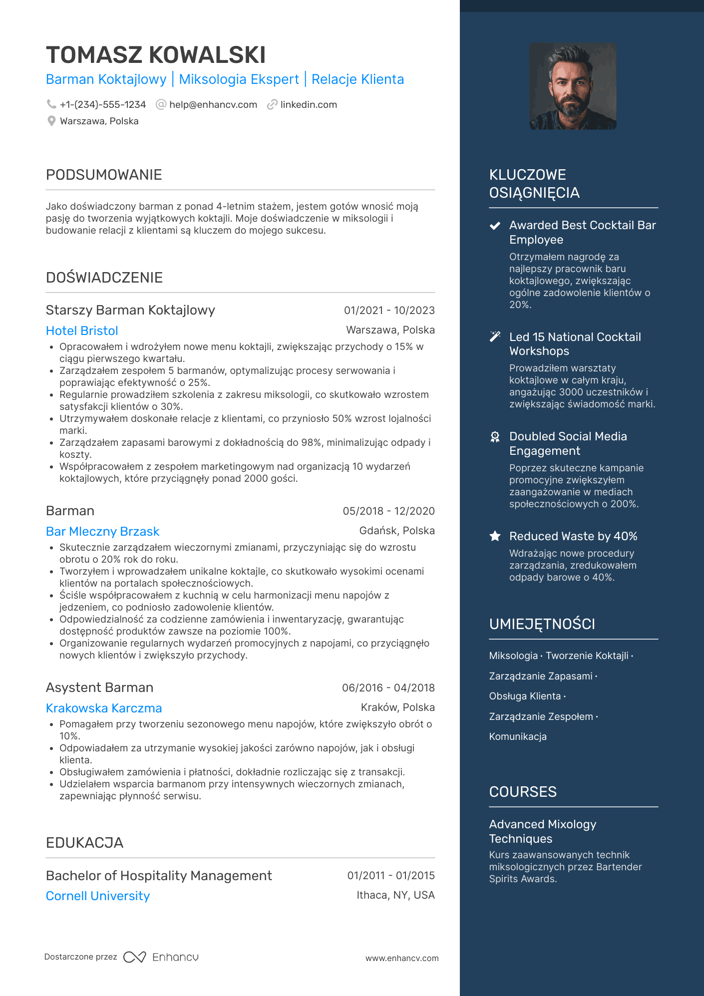 CV dla Barman Koktajlowy Resume Example