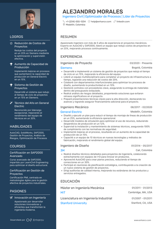 CV para ingeniero (civil, industrial, mecánico) Resume Example