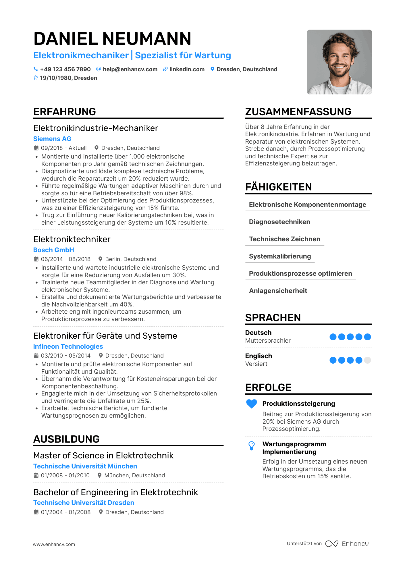 Lebenslauf in Elektronikindustrie Mechaniker Resume Example