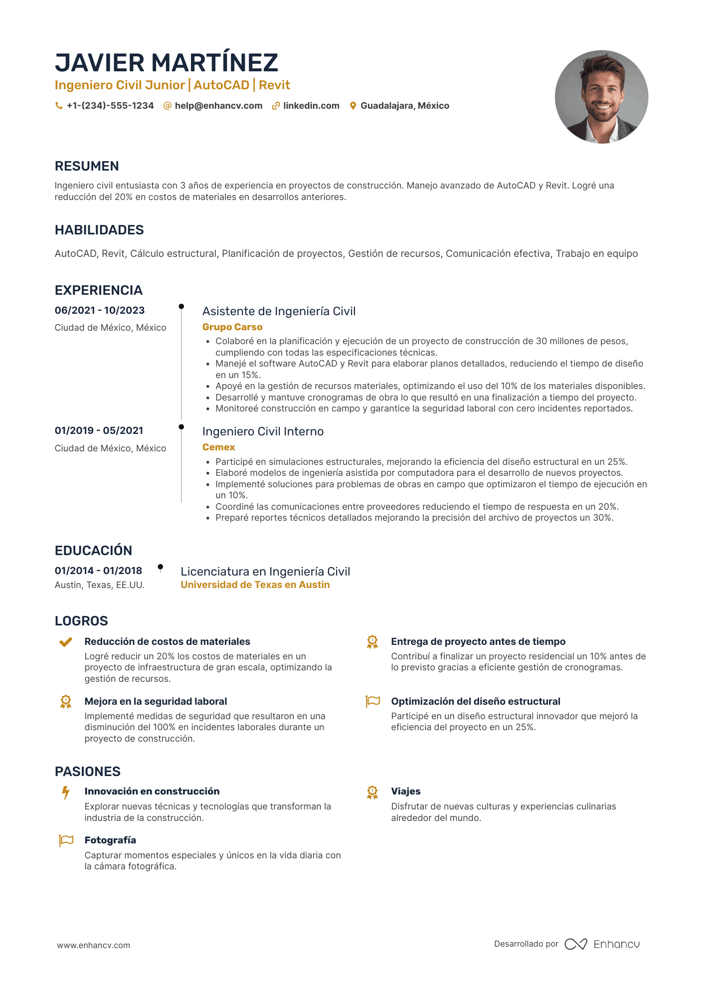 CV de ingeniero civil junior Resume Example