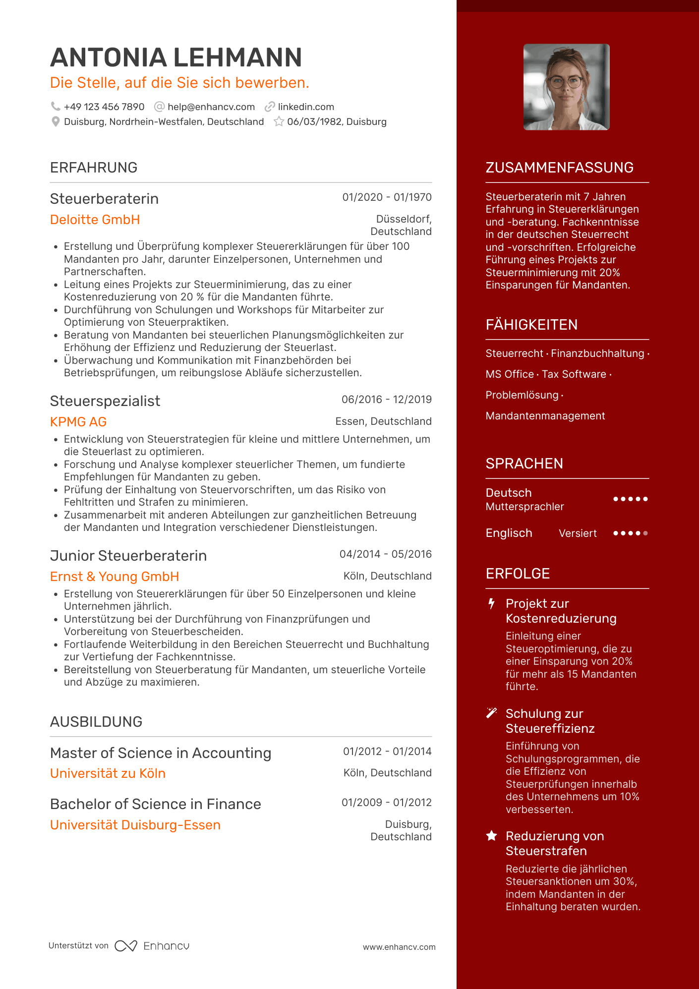 Lebenslauf als Steuerberater für Steuererklärungen Resume Example