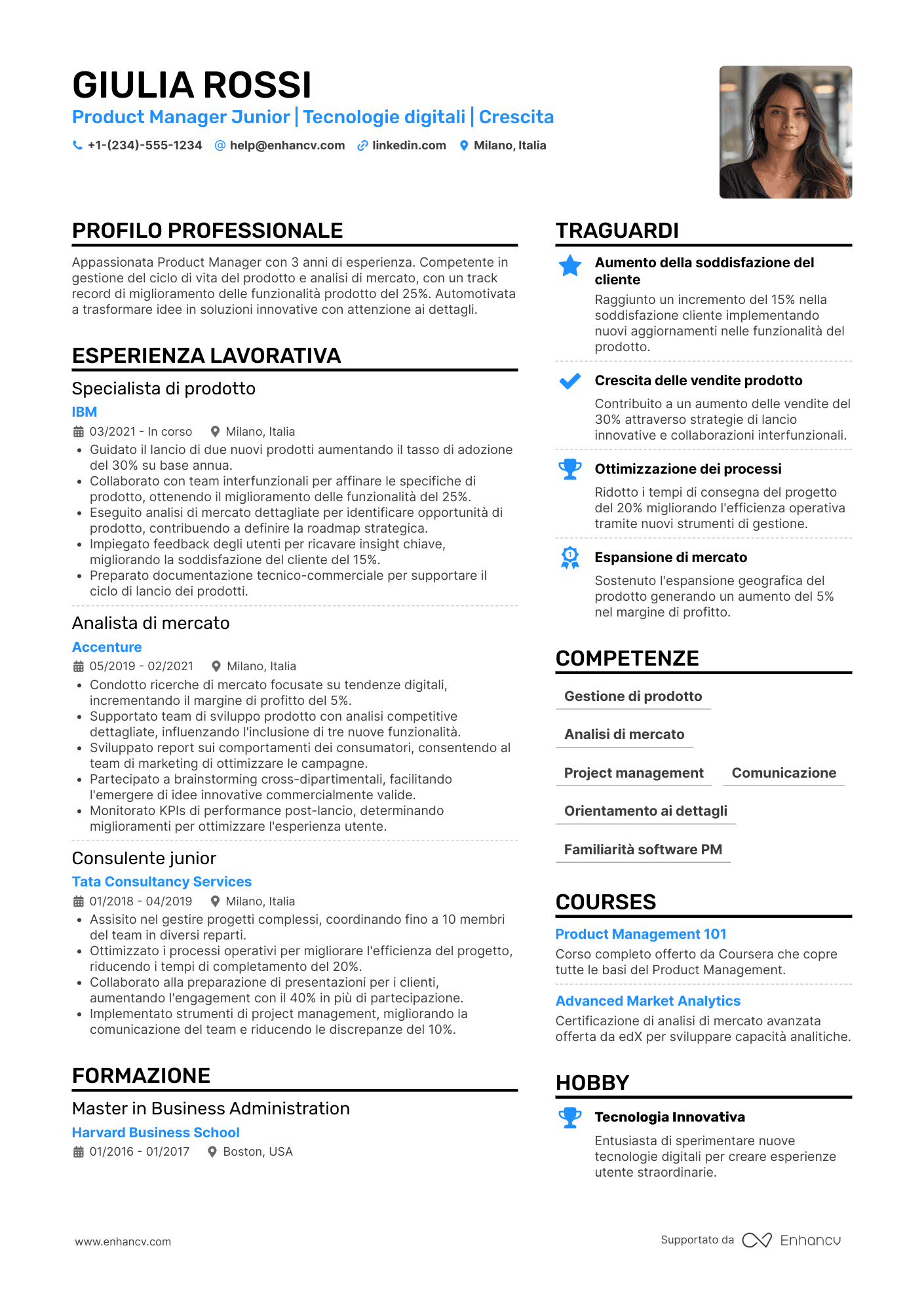 Product Manager Junior Resume Example