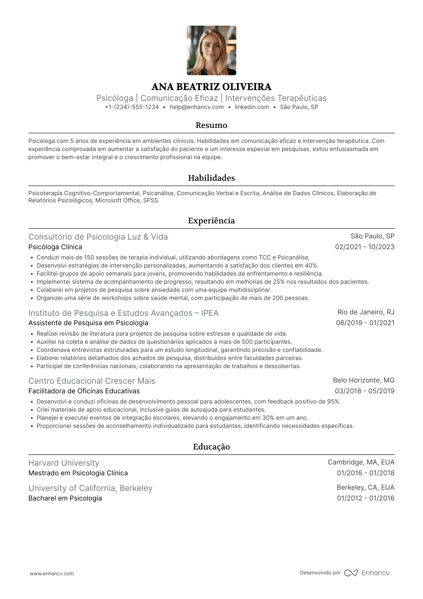 Currículo para estágio em psicologia Resume Example