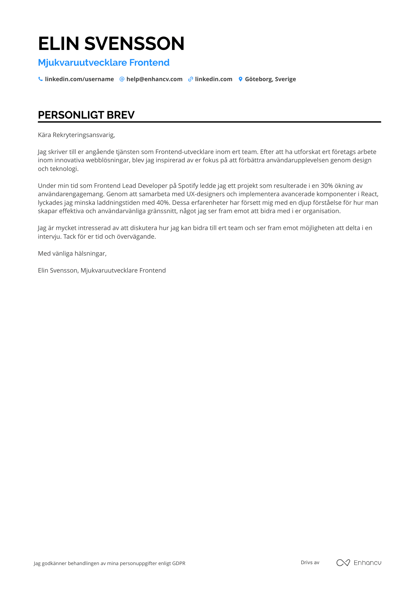 Personligt brev för Mjukvaruutvecklare Frontend Resume Example