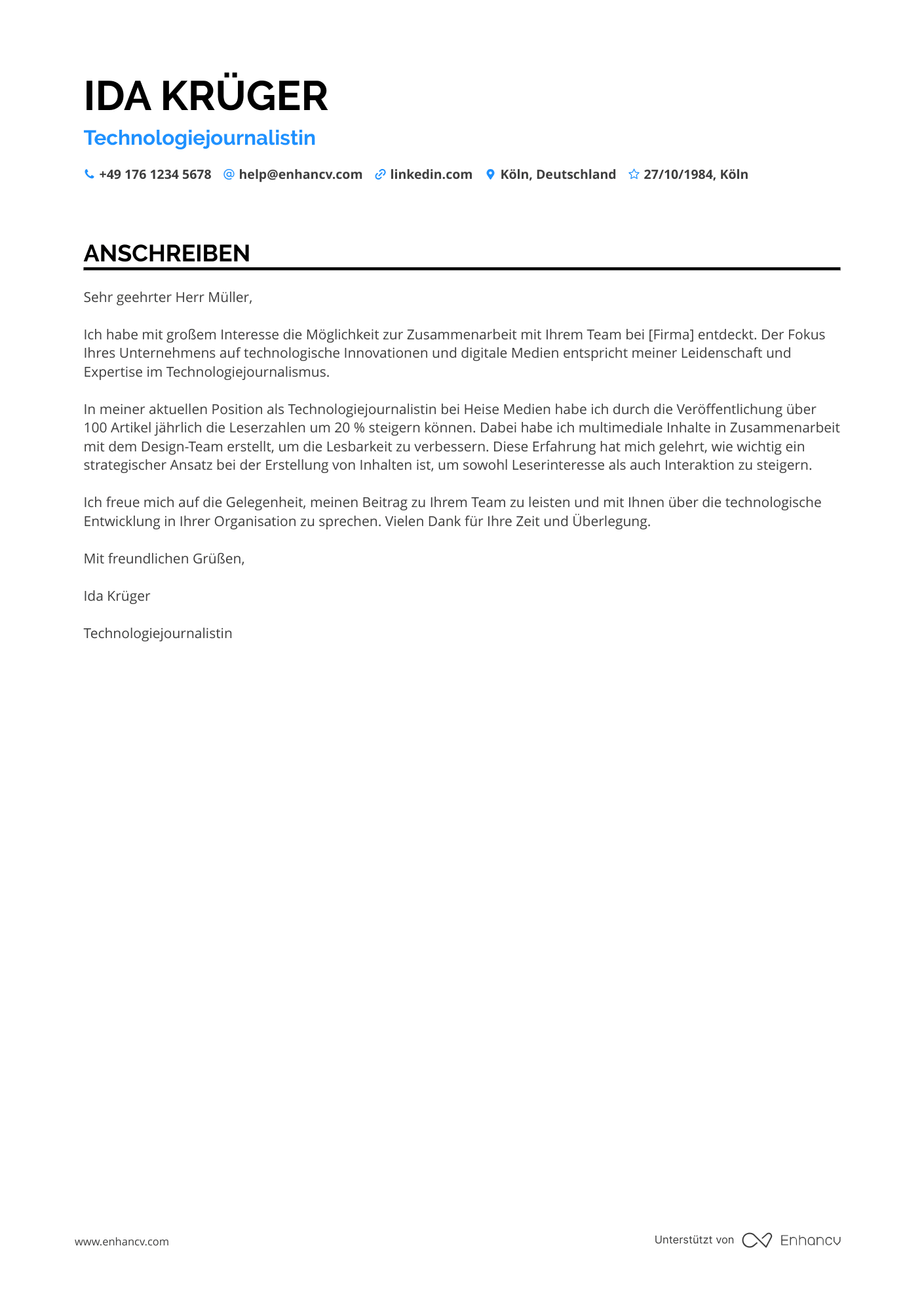 Technologieindustrie Journalist Resume Example