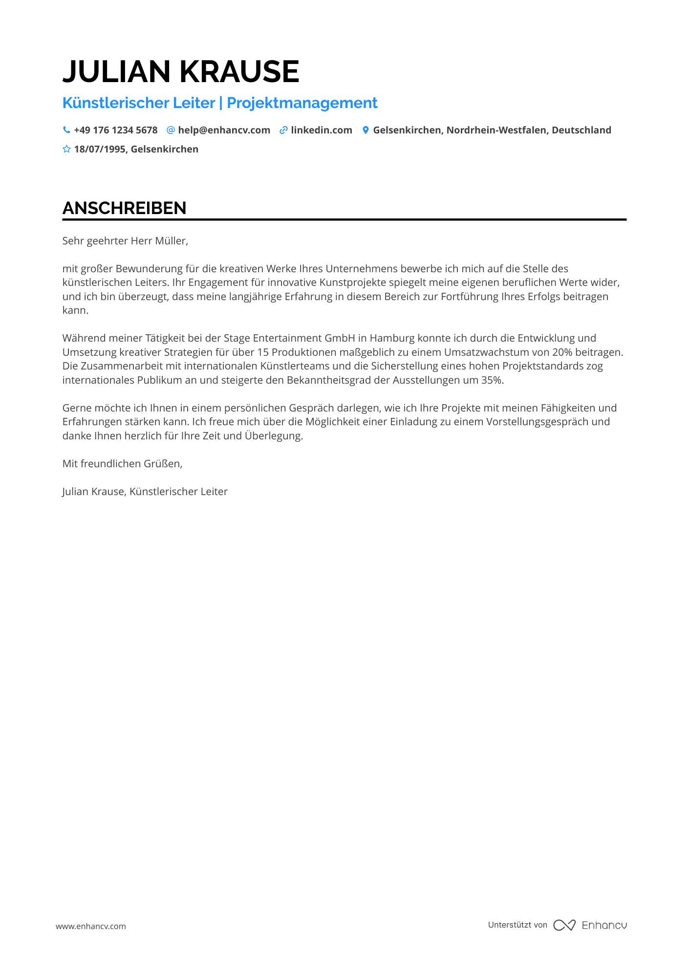 Künstlerischer Manager Resume Example