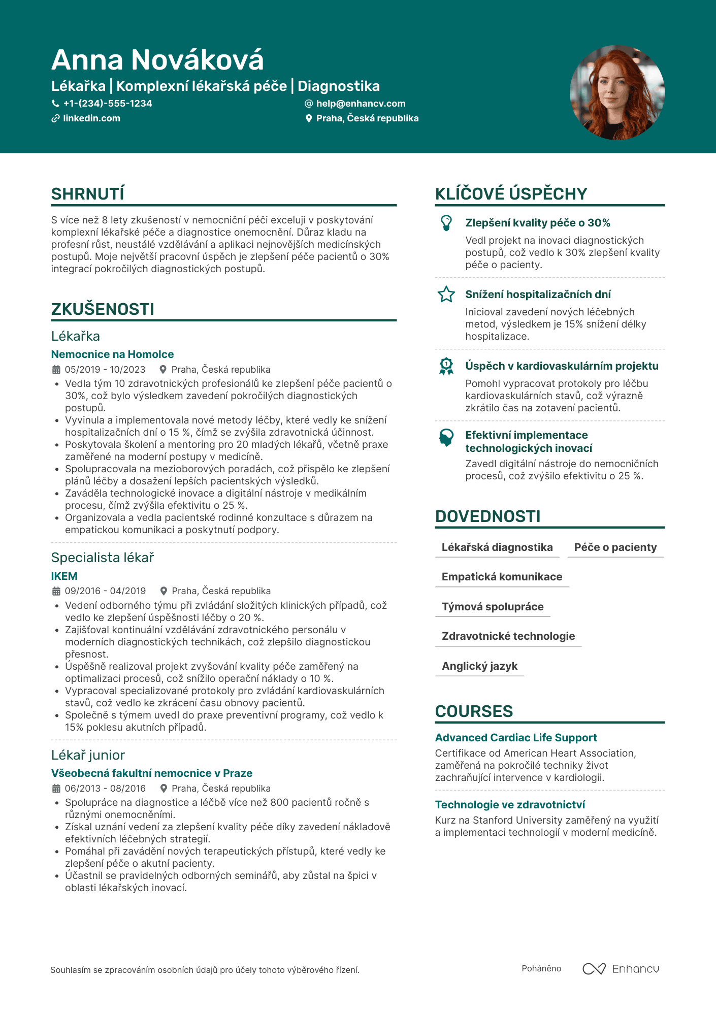 Životopis pro Lékař v nemocnici Resume Example