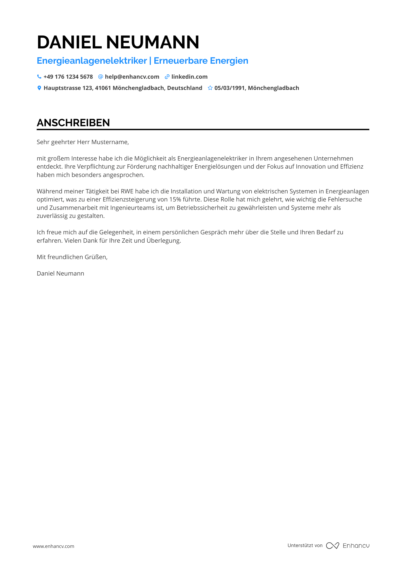 Energieanlagenelektriker Resume Example