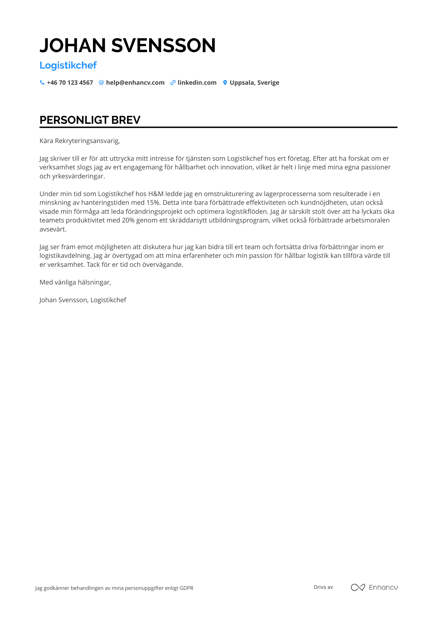Personligt brev för IKEA Medarbetare Logistikansvarig Resume Example