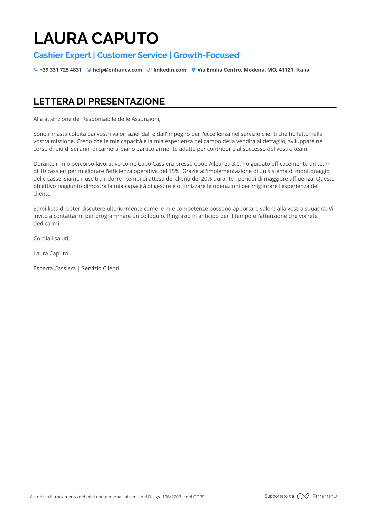 Addetto alle Relazioni Pubbliche Conad Resume Example