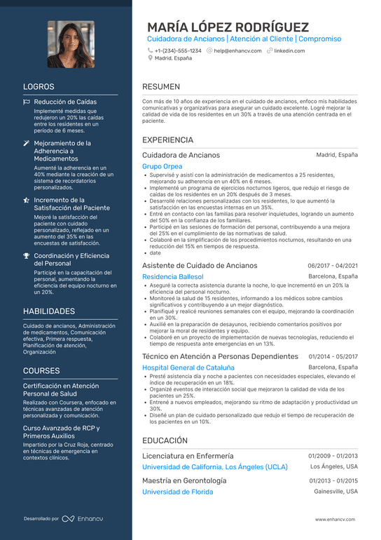 Cuidadora de ancianos turno nocturno Resume Example