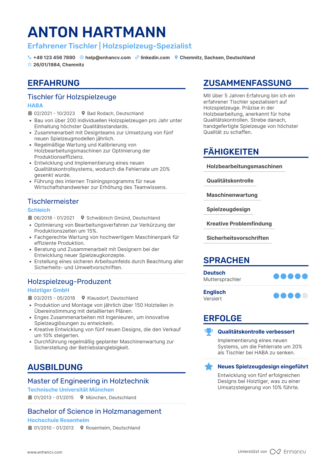 Lebenslauf in Tischler in der Spielzeugindustrie Resume Example