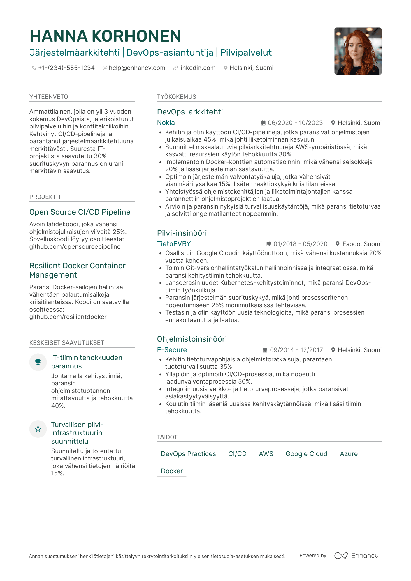 Ansioluettelo Järjestelmäarkkitehti DevOps insinööri Resume Example