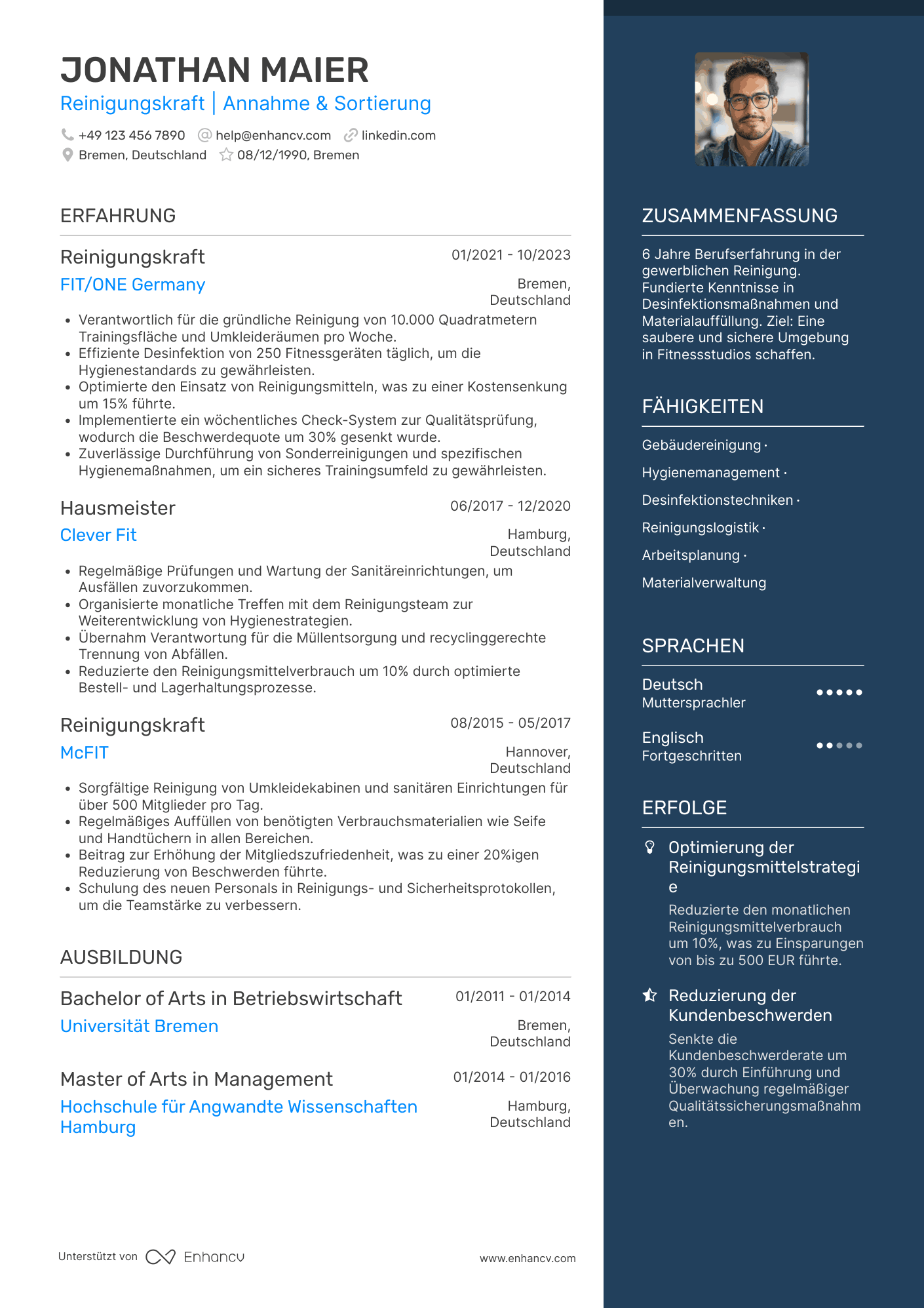 Lebenslauf als Reinigungskraft für Fitnessstudios Resume Example