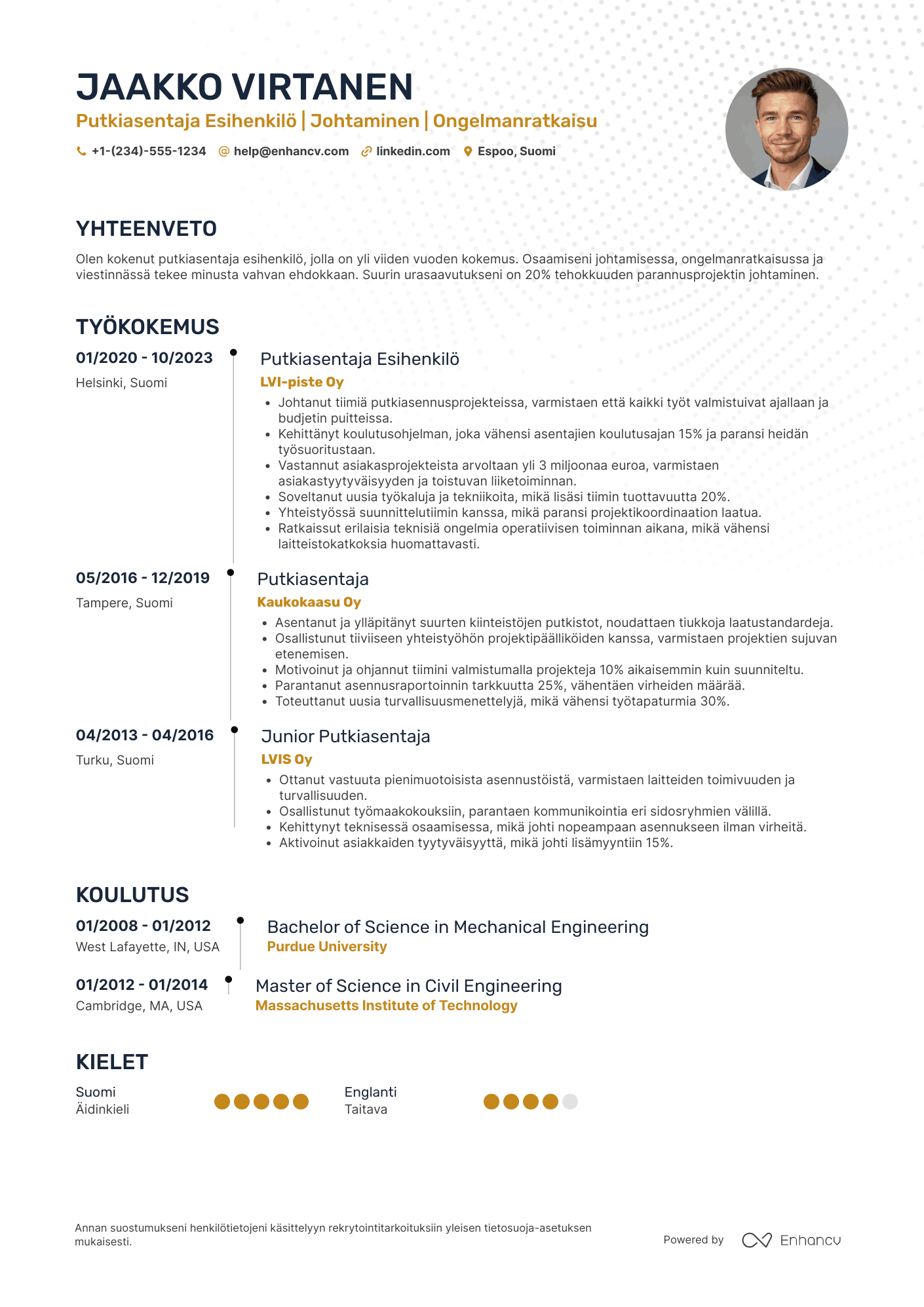 Ansioluettelo Putkiasentaja esihenkilö Resume Example