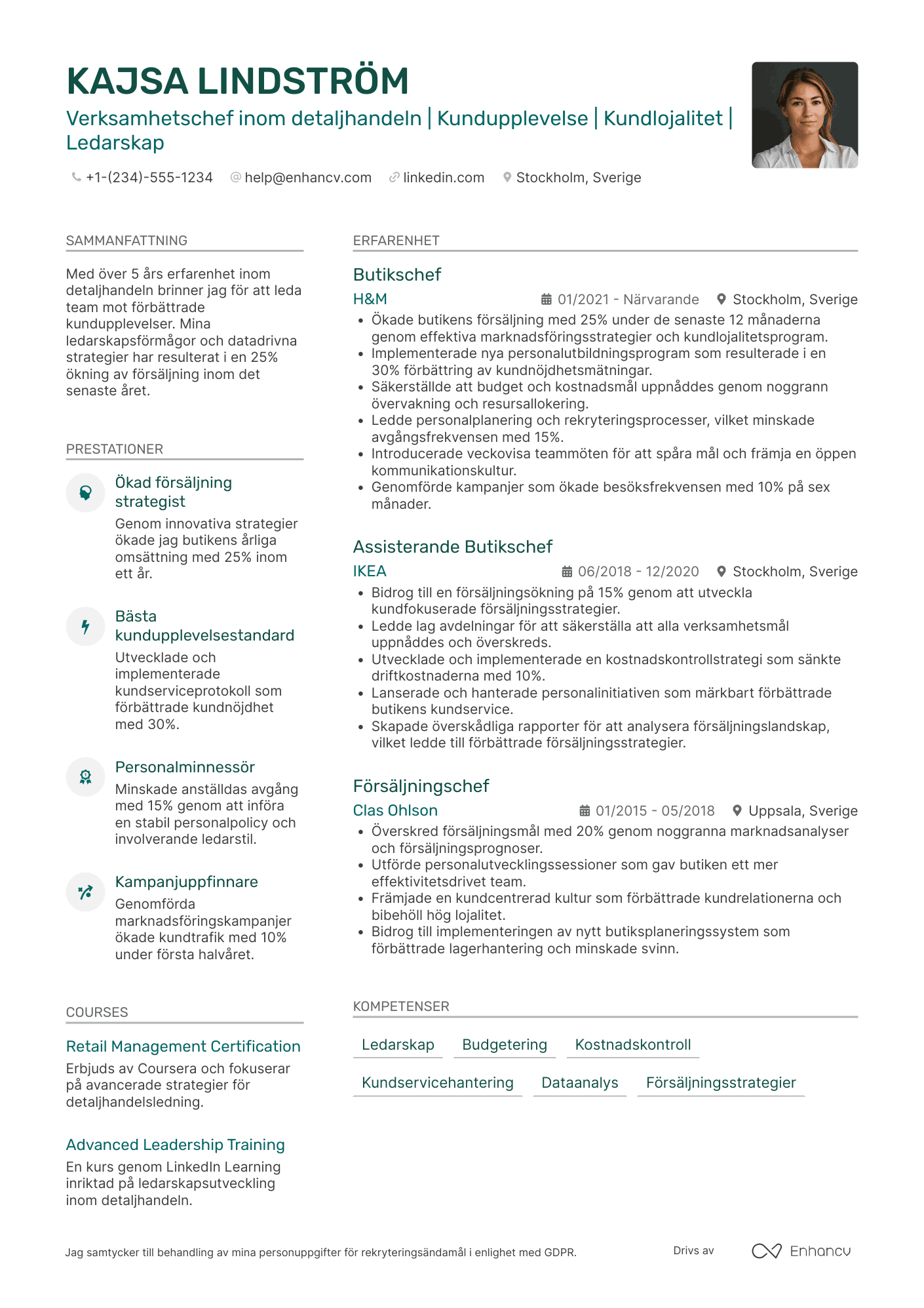 CV för Verksamhetschef inom detaljhandel Resume Example