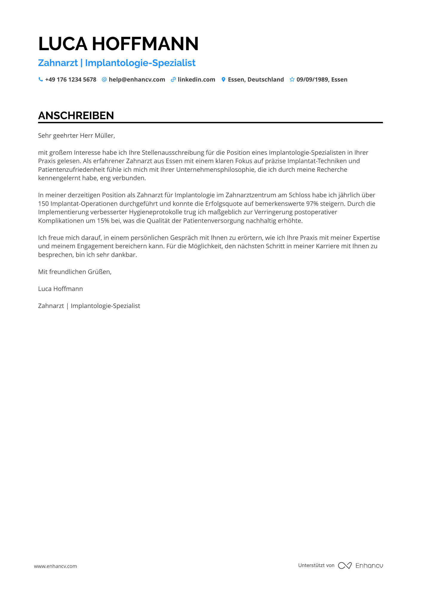 Zahnarzt für Implantologie Resume Example