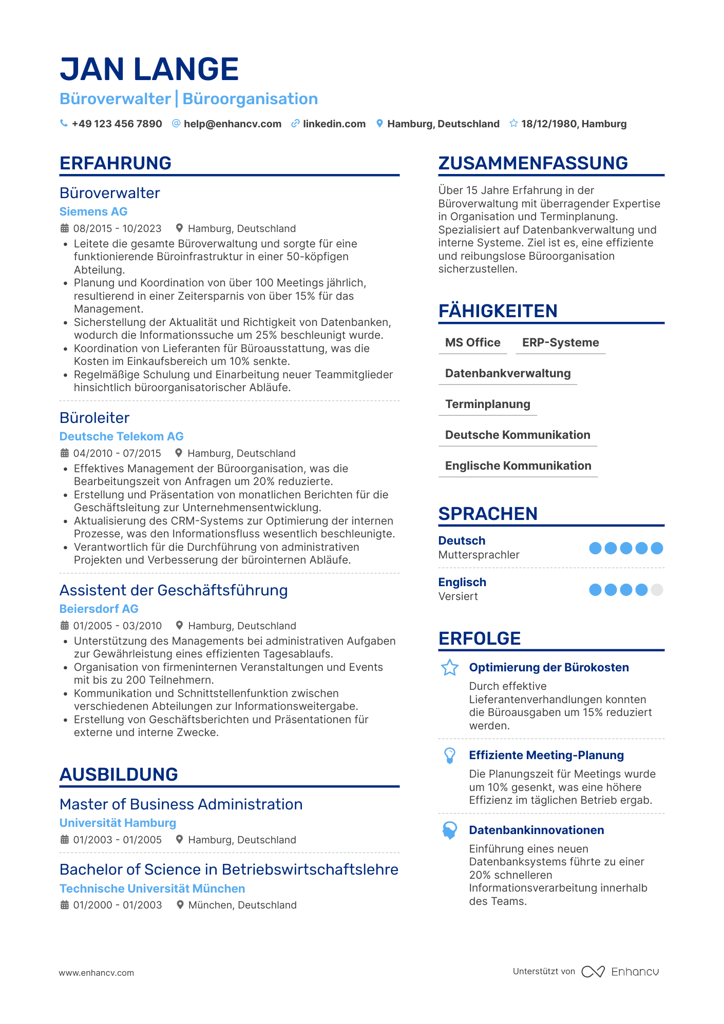 Lebenslauf als Büroverwalter mit langjähriger Erfahrung Resume Example