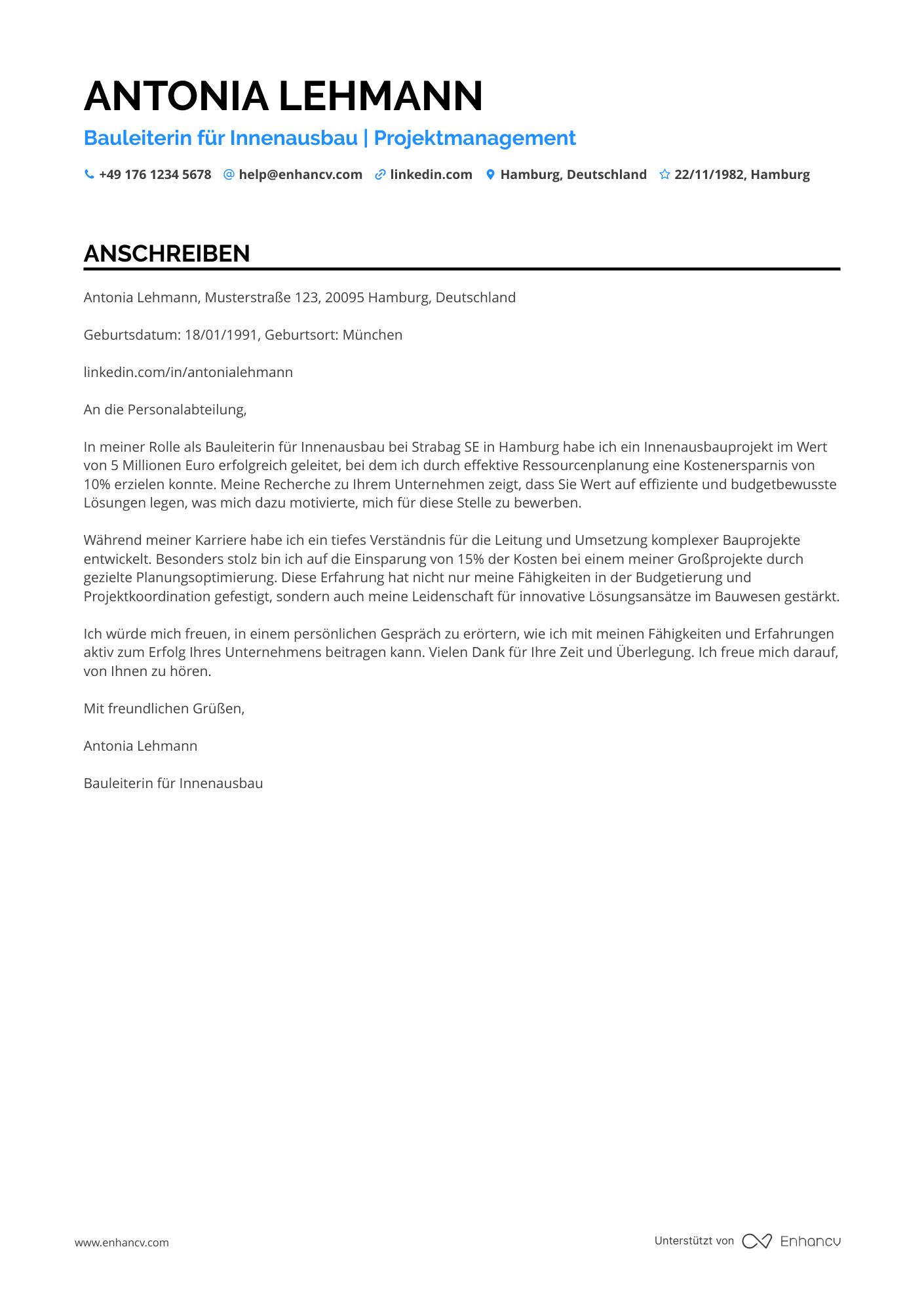 Bauleiter für Innenausbau Resume Example