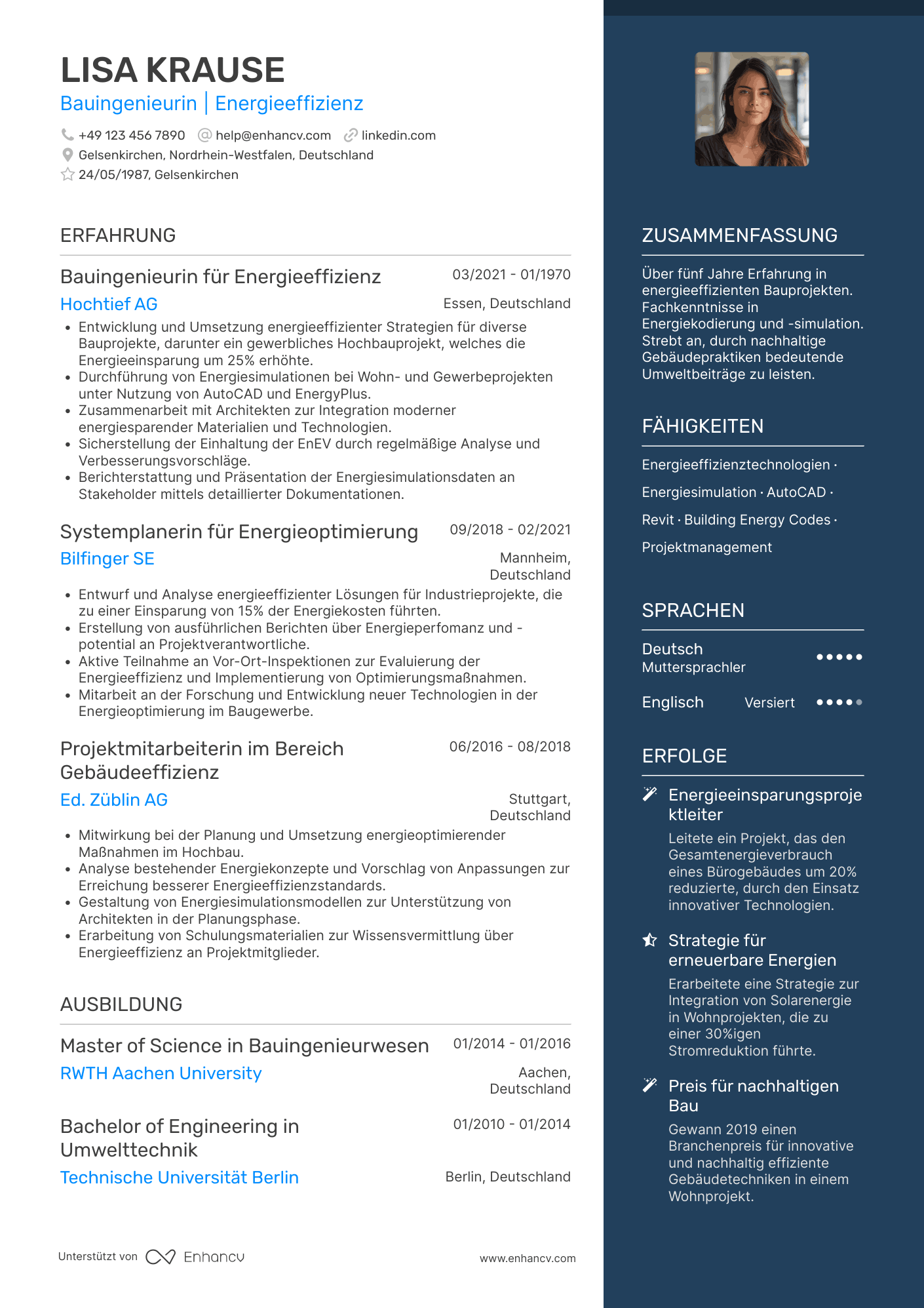 Lebenslauf als Bauingenieur für Energieeffizienz Resume Example