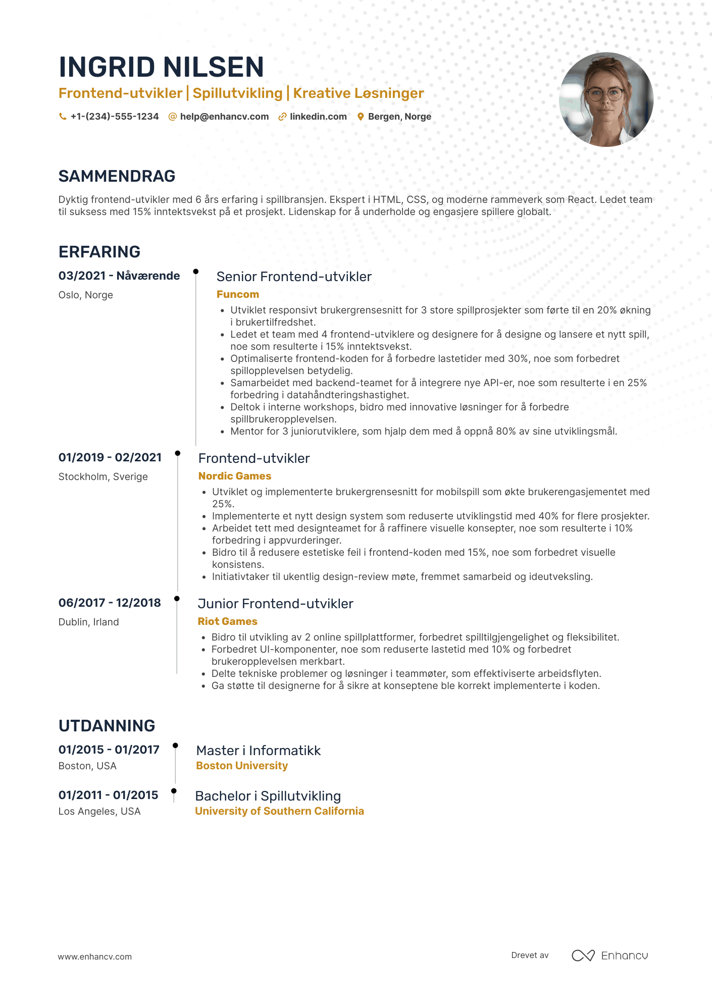 CV for Frontend‑utvikler for spill Resume Example