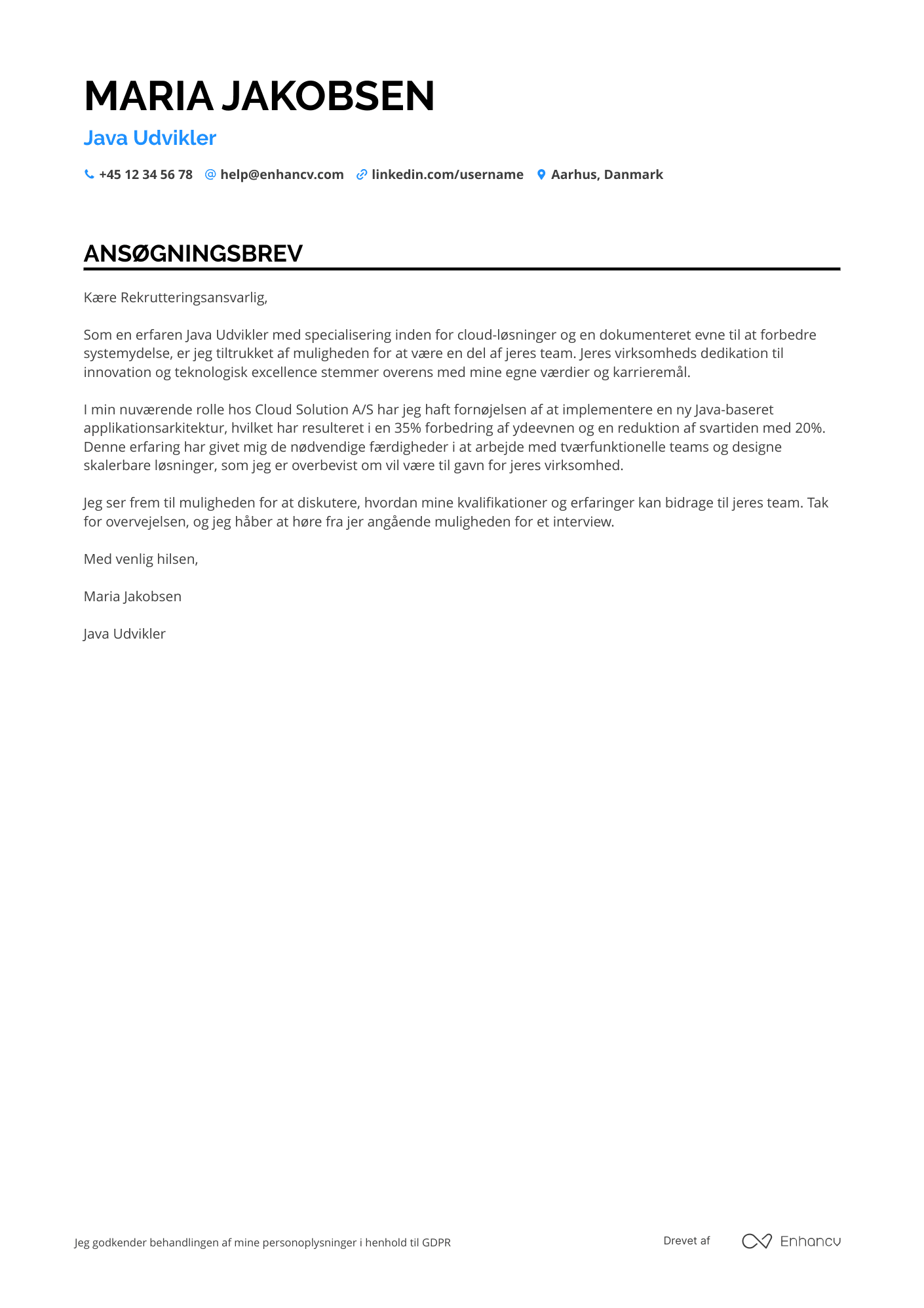 Ansøgningsbrev til Java Udvikler til cloud løsninger Resume Example