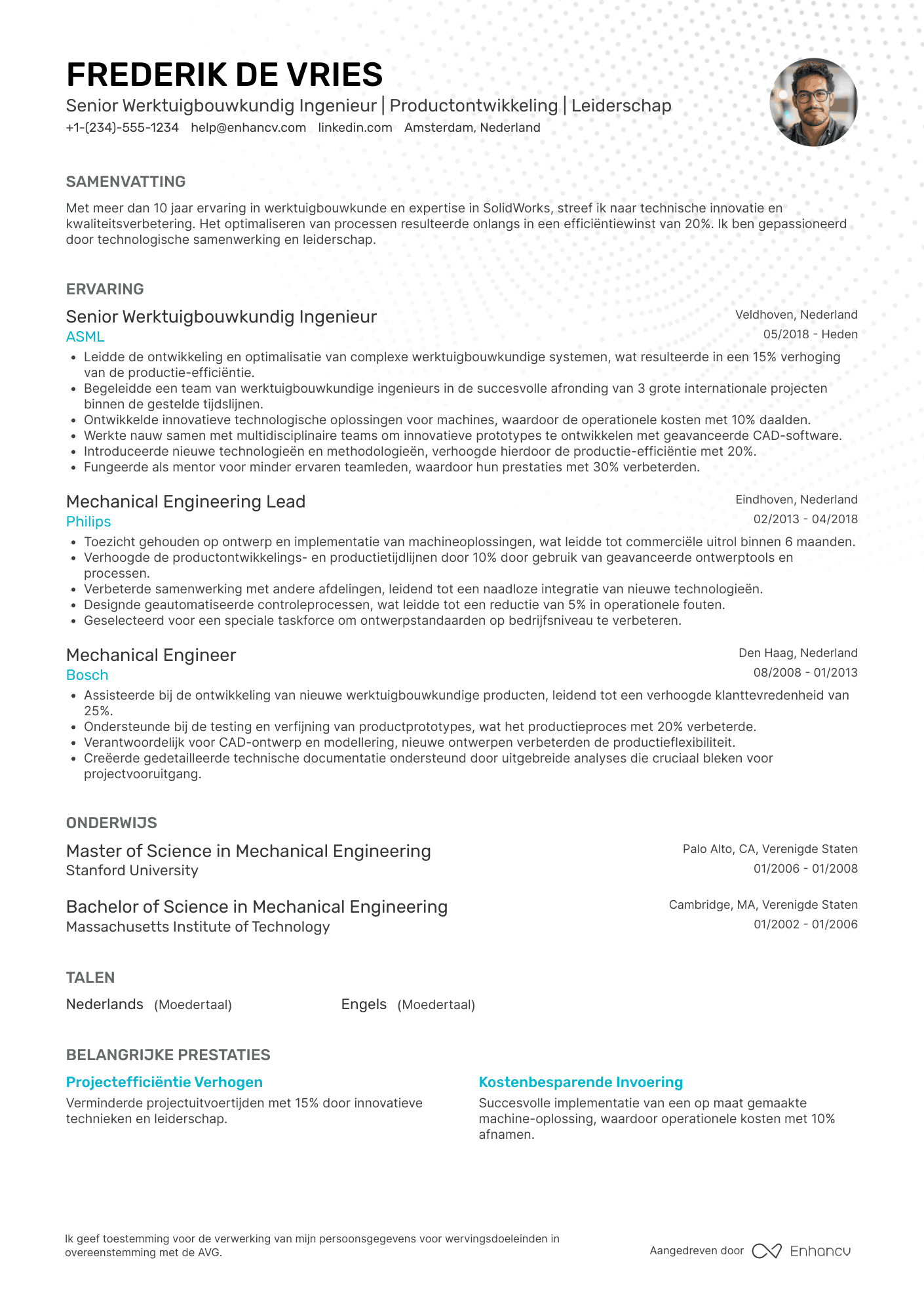 CV voor Senior Werktuigbouwkundig Ingenieur Resume Example