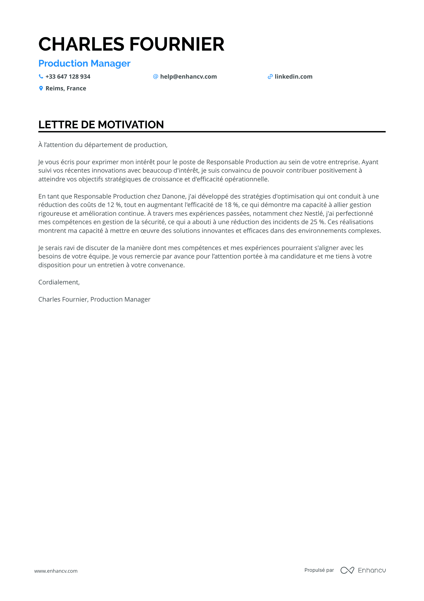 Manager de Production Resume Example