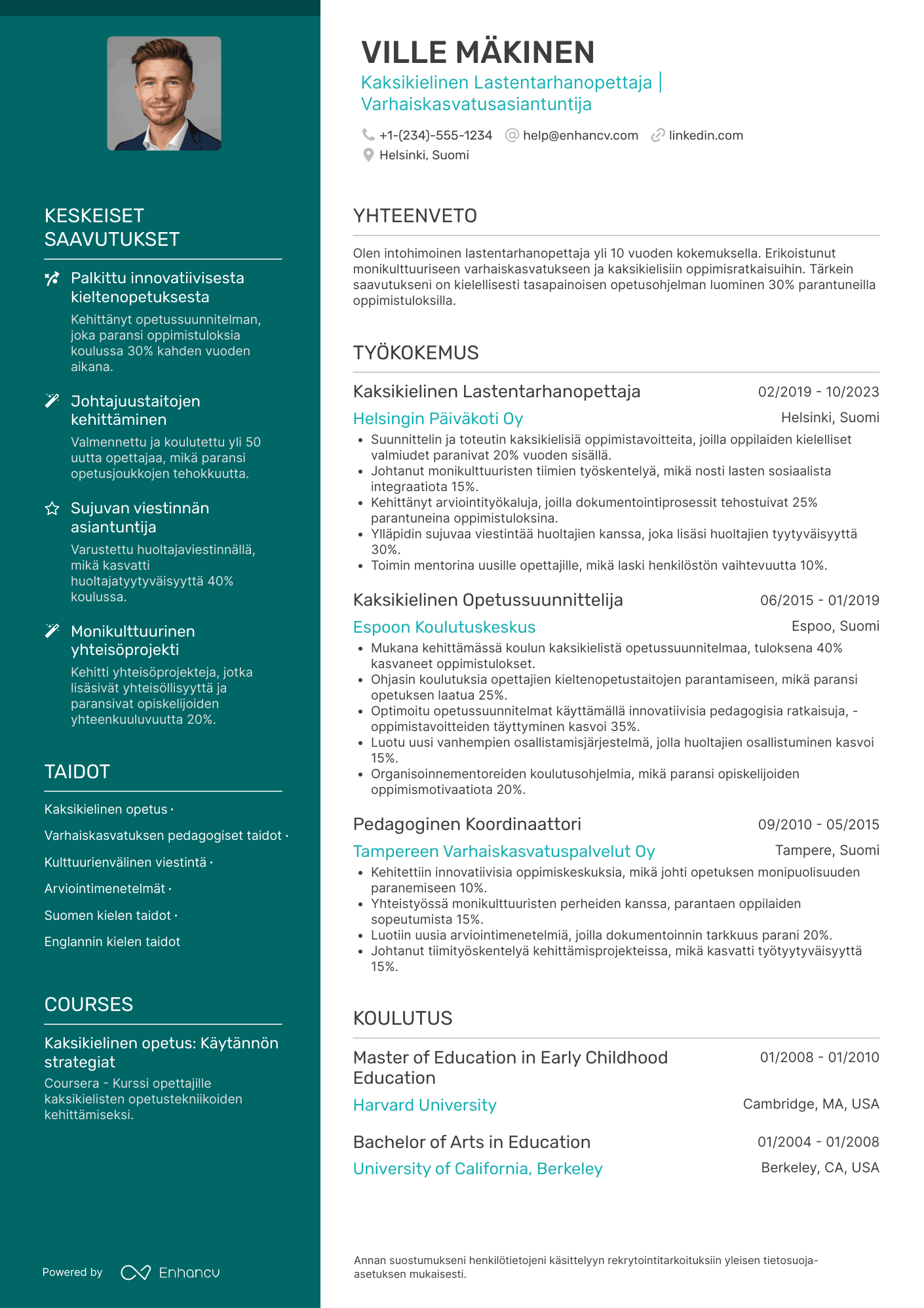 Ansioluettelo Kaksikielinen lastentarhanopettaja Resume Example
