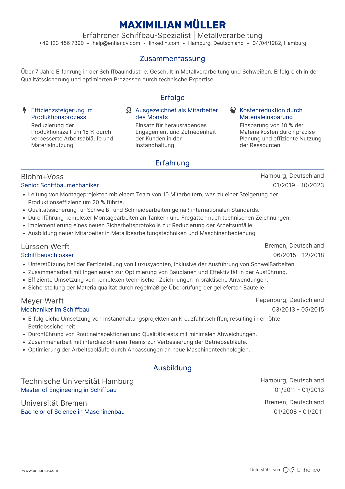 Lebenslauf in Handwerker in der Schiffbauindustrie Resume Example