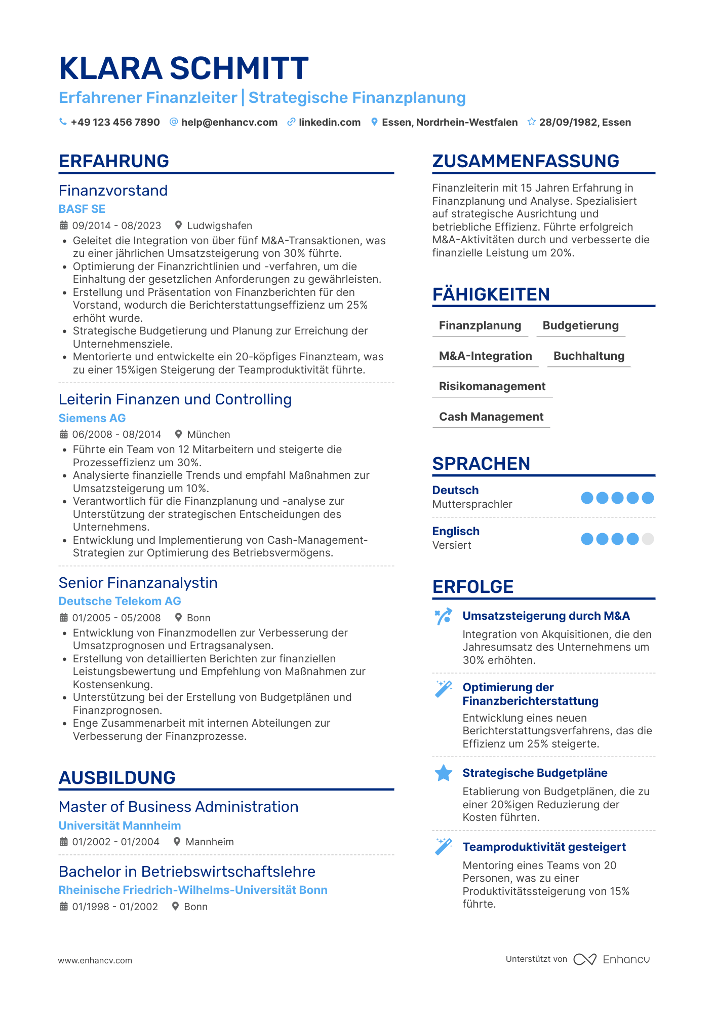 Lebenslauf als Finanzvorstand mit 15 Jahren Erfahrung Resume Example