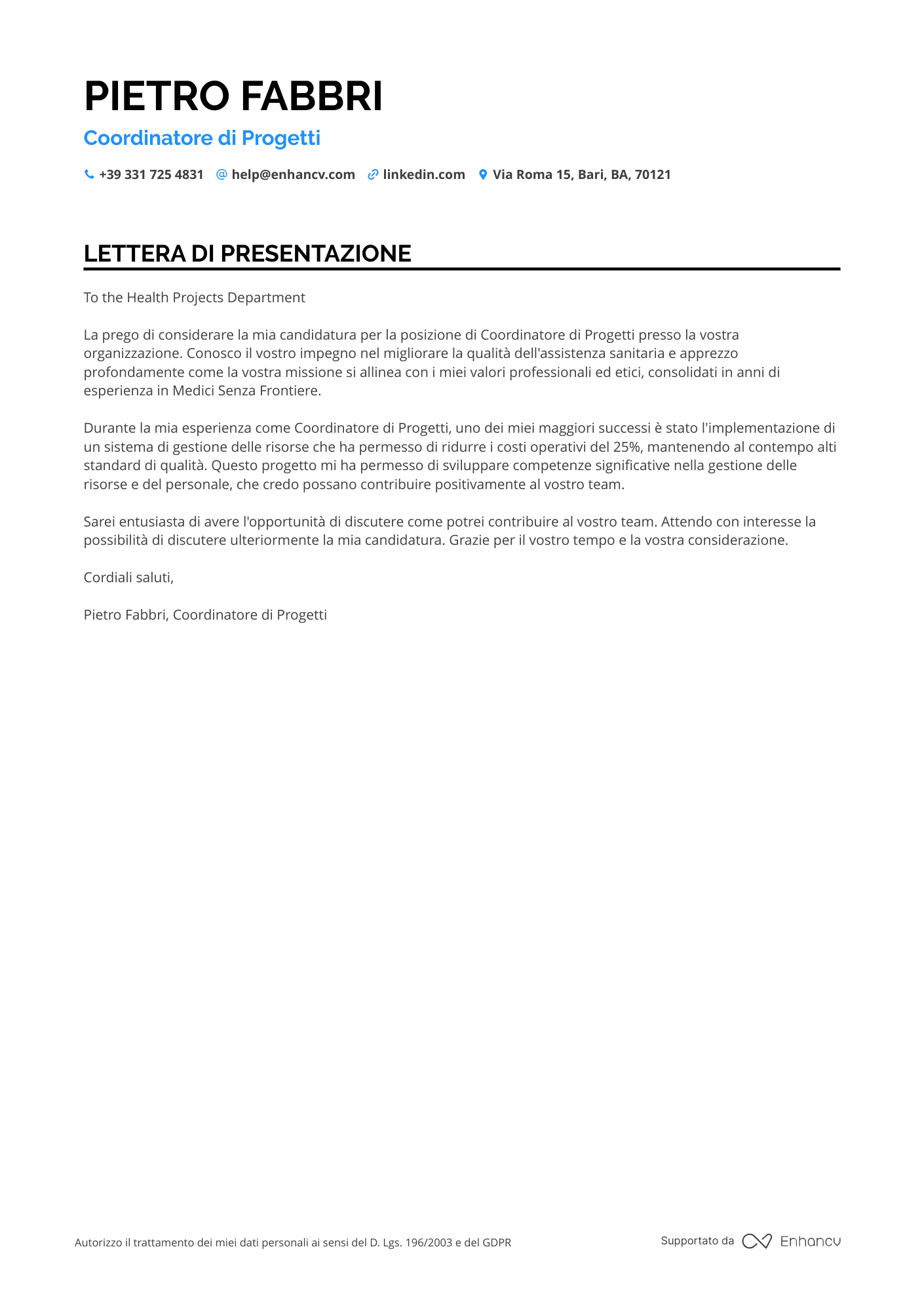 Infermiere di Pronto Soccorso Resume Example