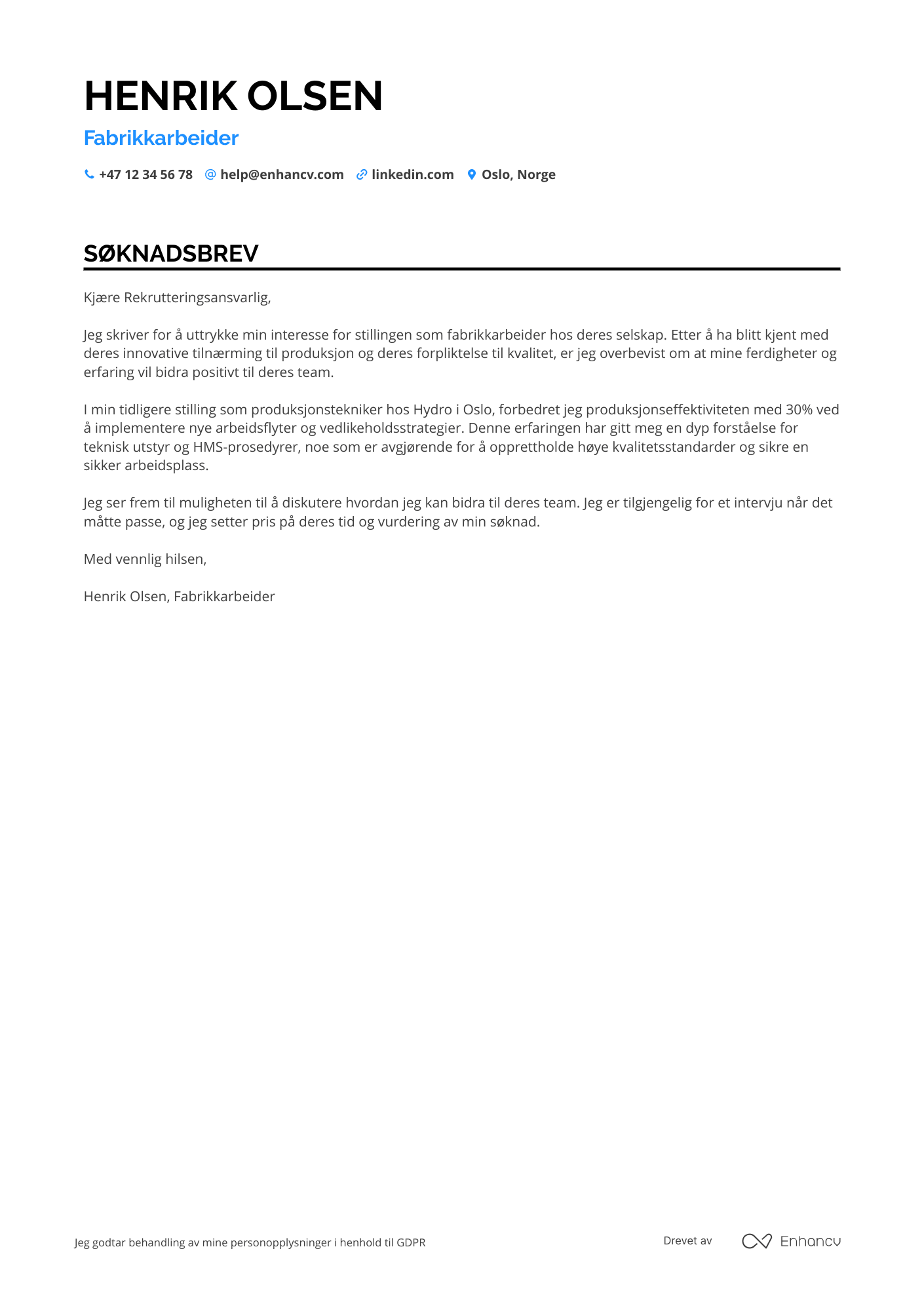 Søknadsbrev for Lærling Fabrikkarbeider Resume Example