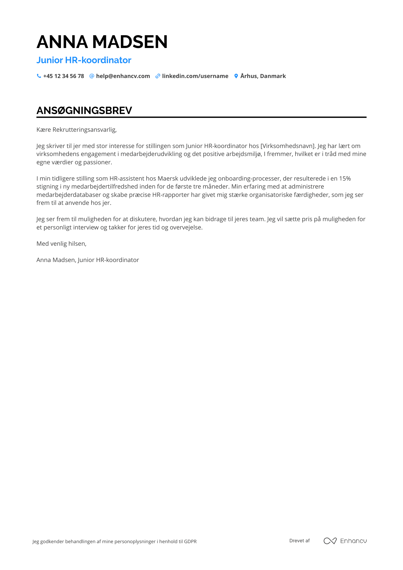Ansøgningsbrev til Junior HR koordinator Resume Example