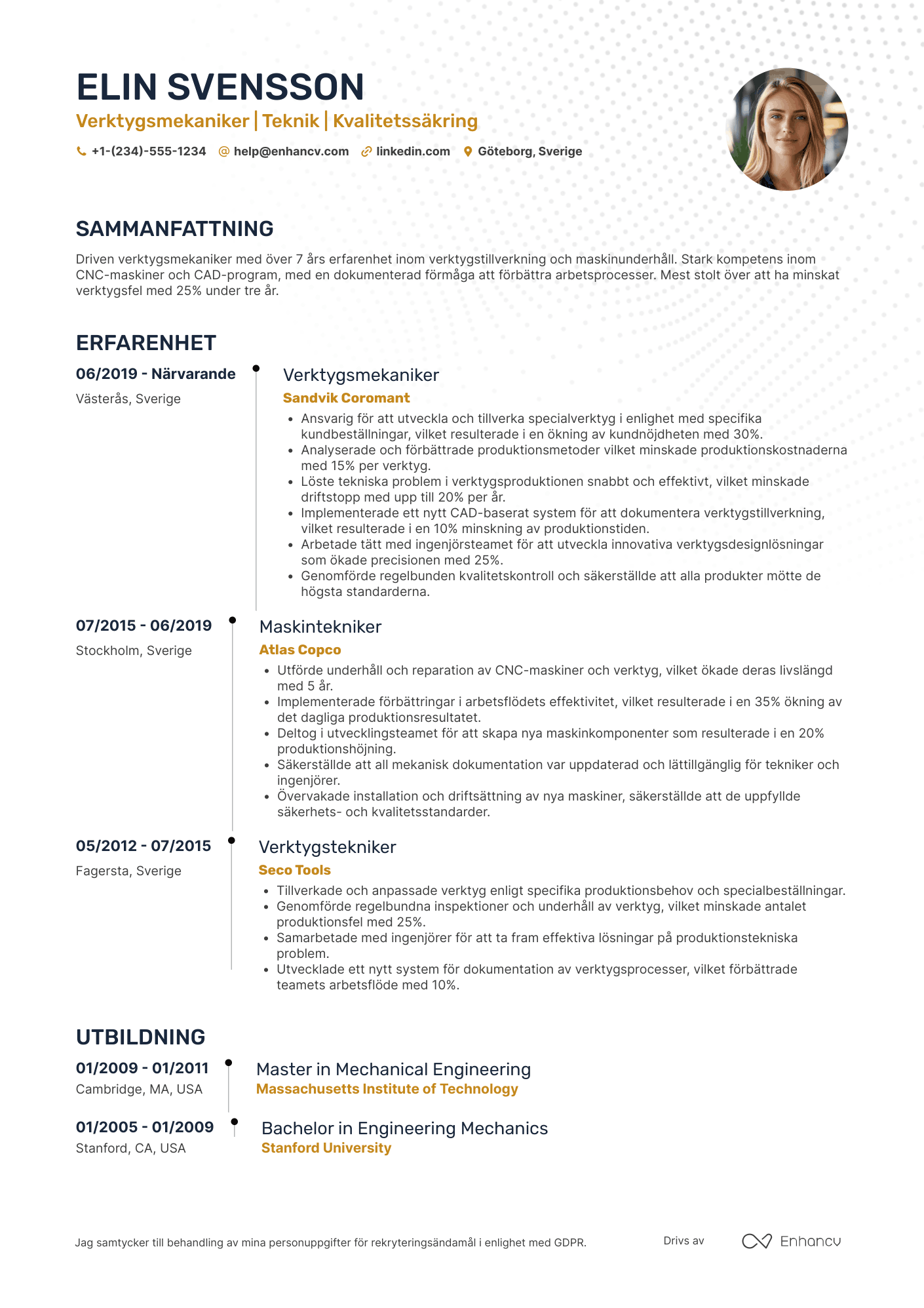 CV för Verktygsmekaniker Resume Example