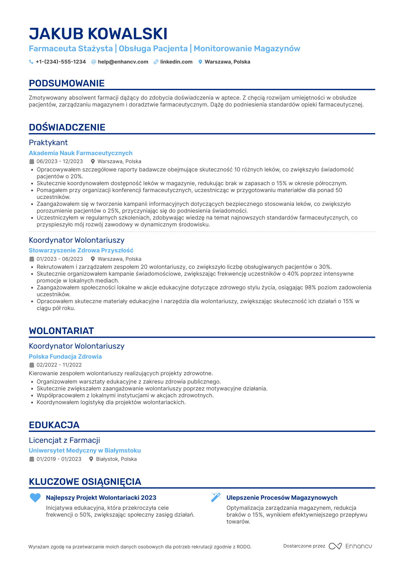 CV dla Farmaceuta Stażysta Resume Example